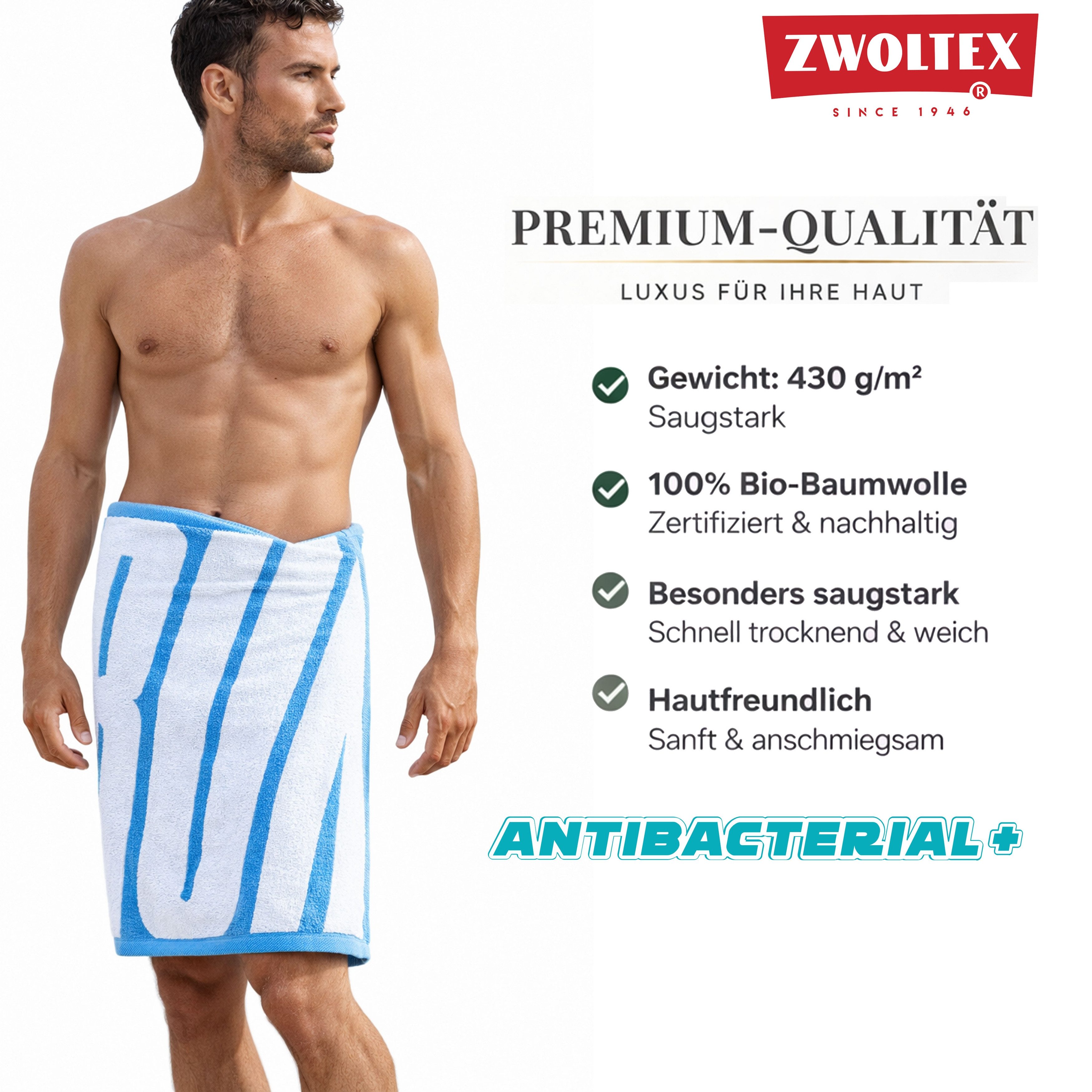 Zwoltex Sporthandtuch Run Fitnesshandtuch 70x140 Türkis Weiß antibakteriell Baumwolle soft, (Sport Badetuch 70x140 für Workout weich saugstark Baumwolle pur), Ägyptische Baumwolle, weich, saugstark, antibakteriell, Workout
