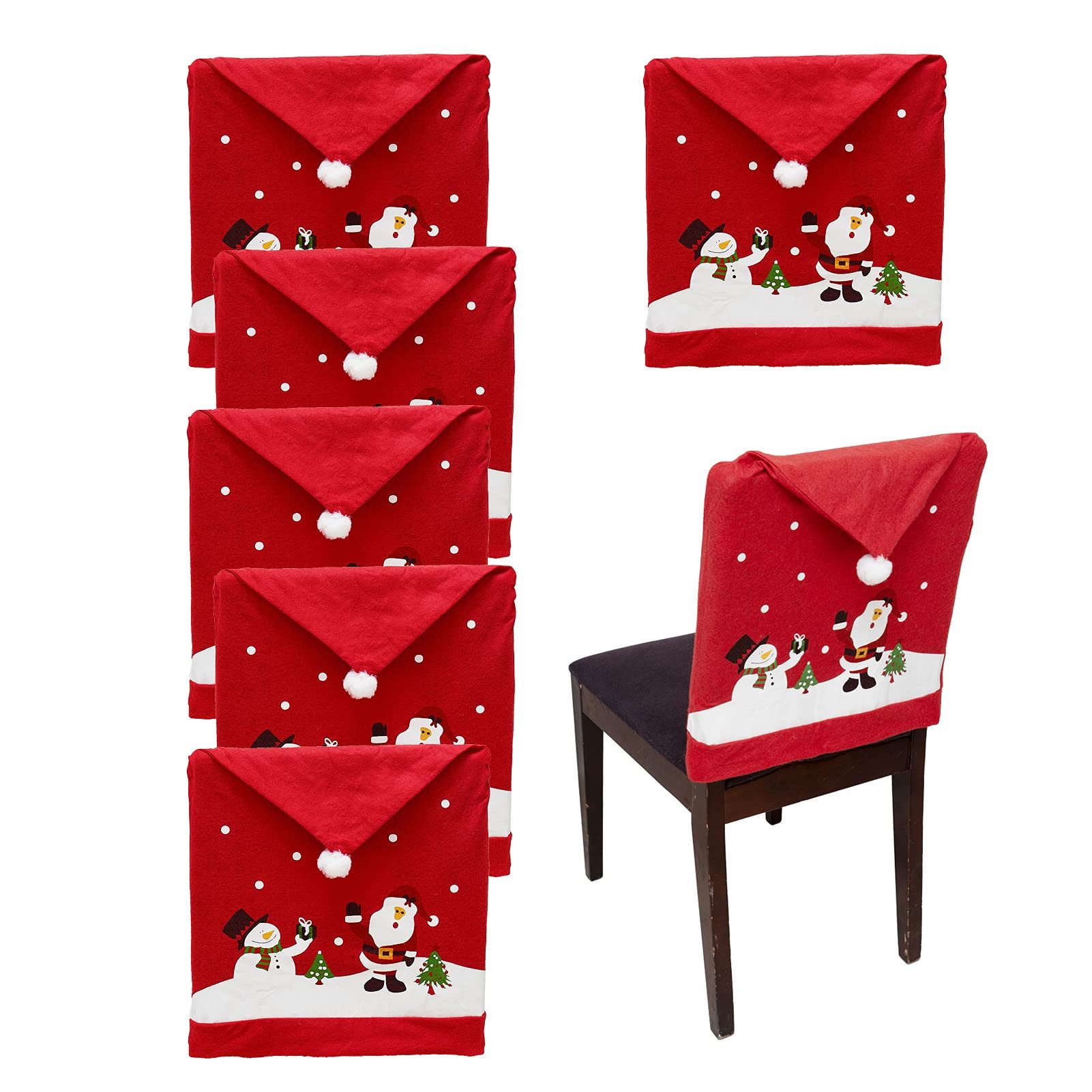 FOUORTUNATE-BEE Stuhlhusse Weihnachts-Stuhlhussen Set, 6-teilig, für festliche Tischdekoration, Stuhlhussen mit Rentier, Schneemann und Weihnachtsmann für Weihnachten