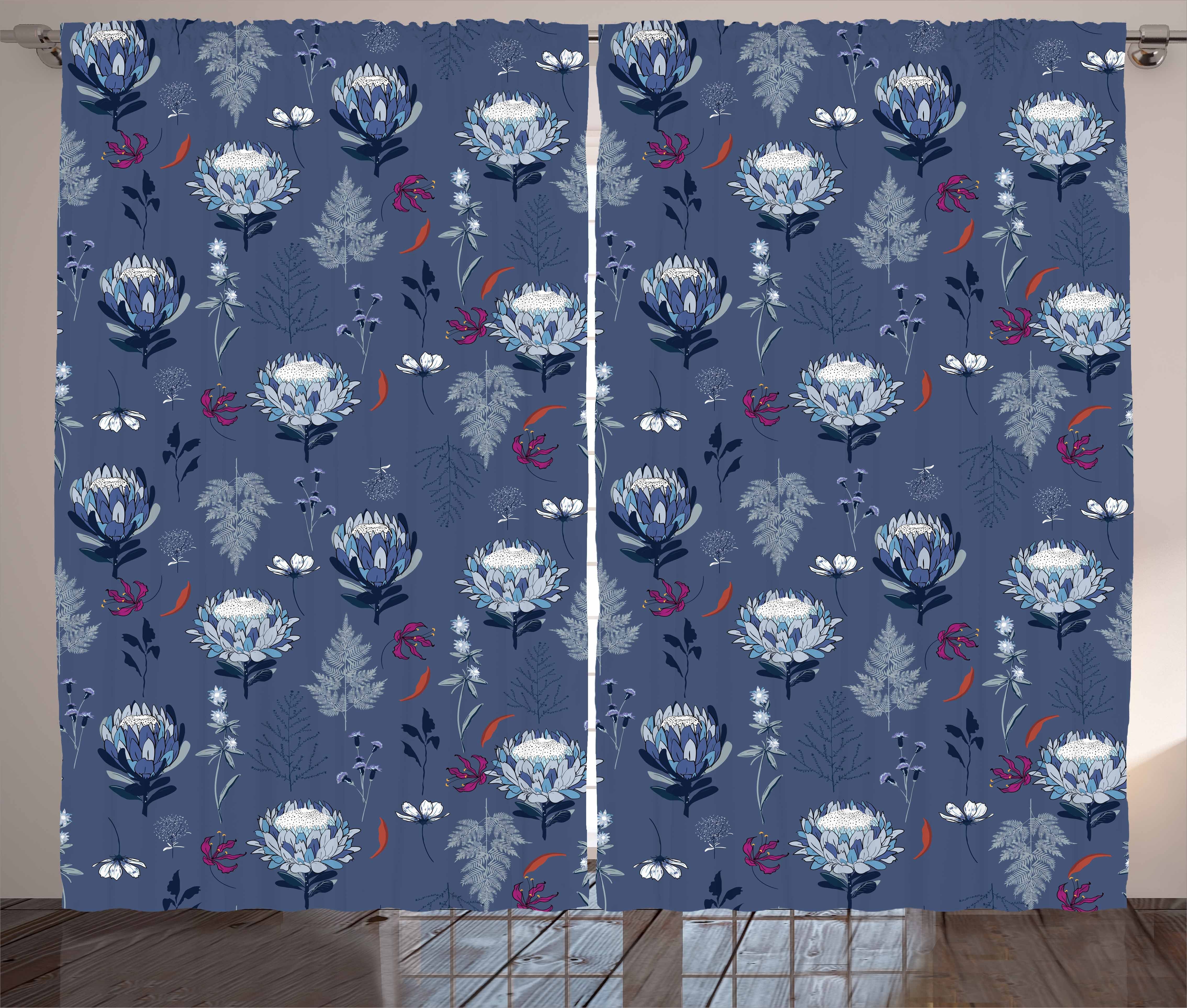 Gardine Schlafzimmer Kräuselband Vorhang mit Schlaufen und Haken, Abakuhaus, Botanisch Blue Tone Protea