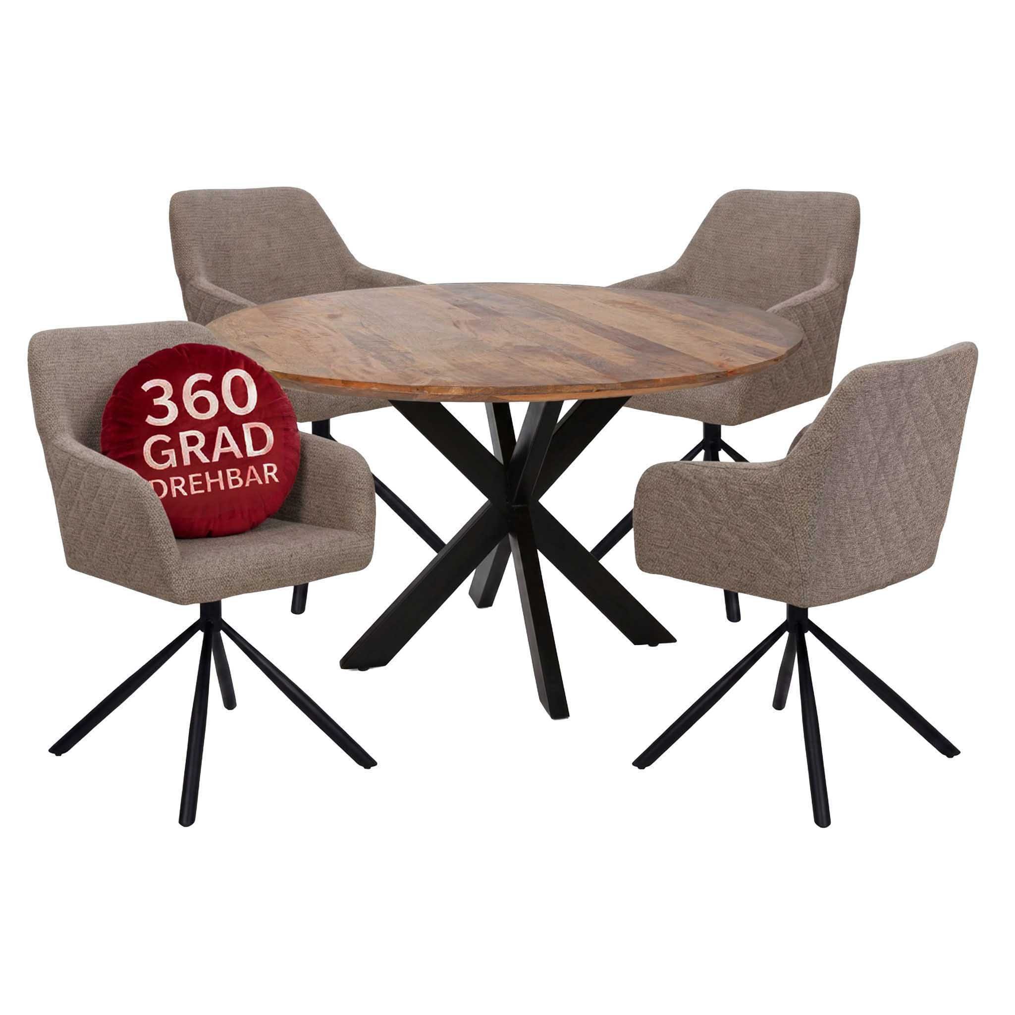 MR.DEKO Esszimmer-Set Cuneo light brown & Tisch Avola 110cm, (5-teiliges Essgruppe-Set mit 4 Sesseln & Mangotisch, 5-St), 4 drehbare Sessel in Braun & runder Tisch aus Mangoholz