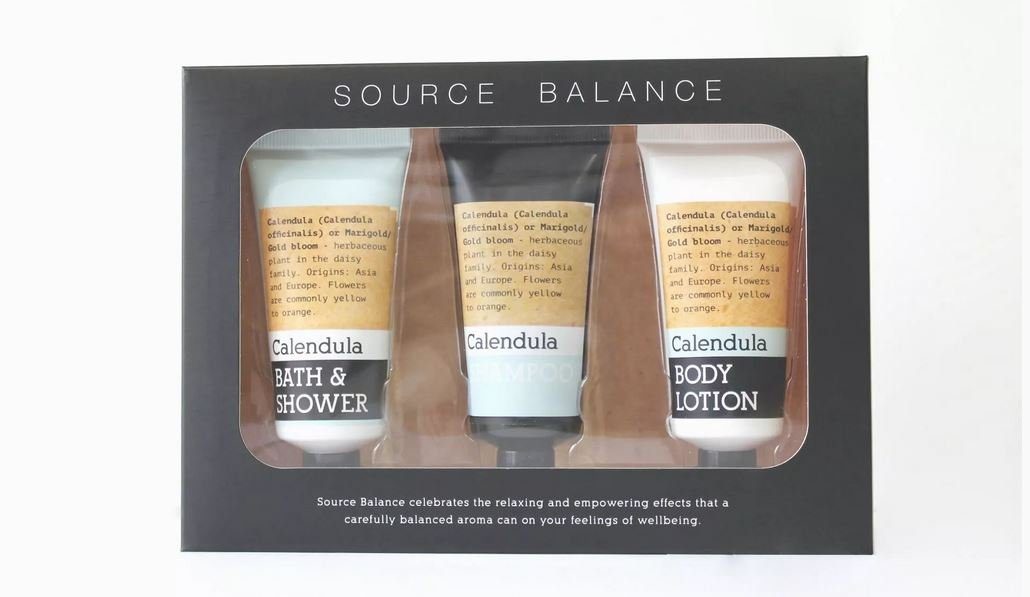 Treffina Hautpflege-Set Wellness Geschenkset Source Balance I Duschgel, Shampoo & Bodylotion Set, 3-tlg., 30ml Bade- und Duschgel + 30ml Shampoo + 30 ml Body Lotion