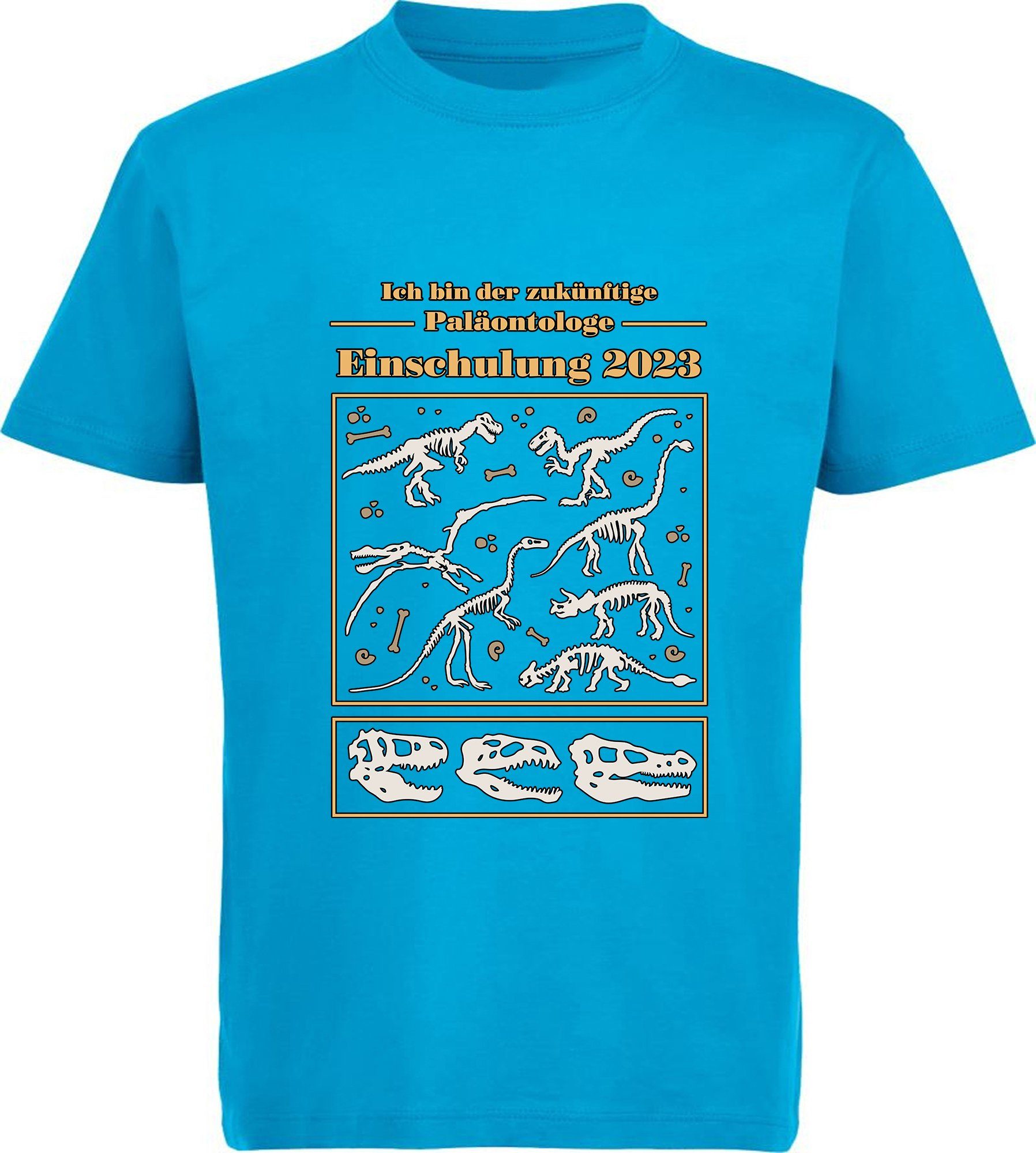 MyDesign24 Print-Shirt bedrucktes Kinder T-Shirt zukünftige Paläontologe mit Dino Skeletten Baumwollshirt Einschulung 2023, schwarz, weiß, rot, blau, i36 aqua blau
