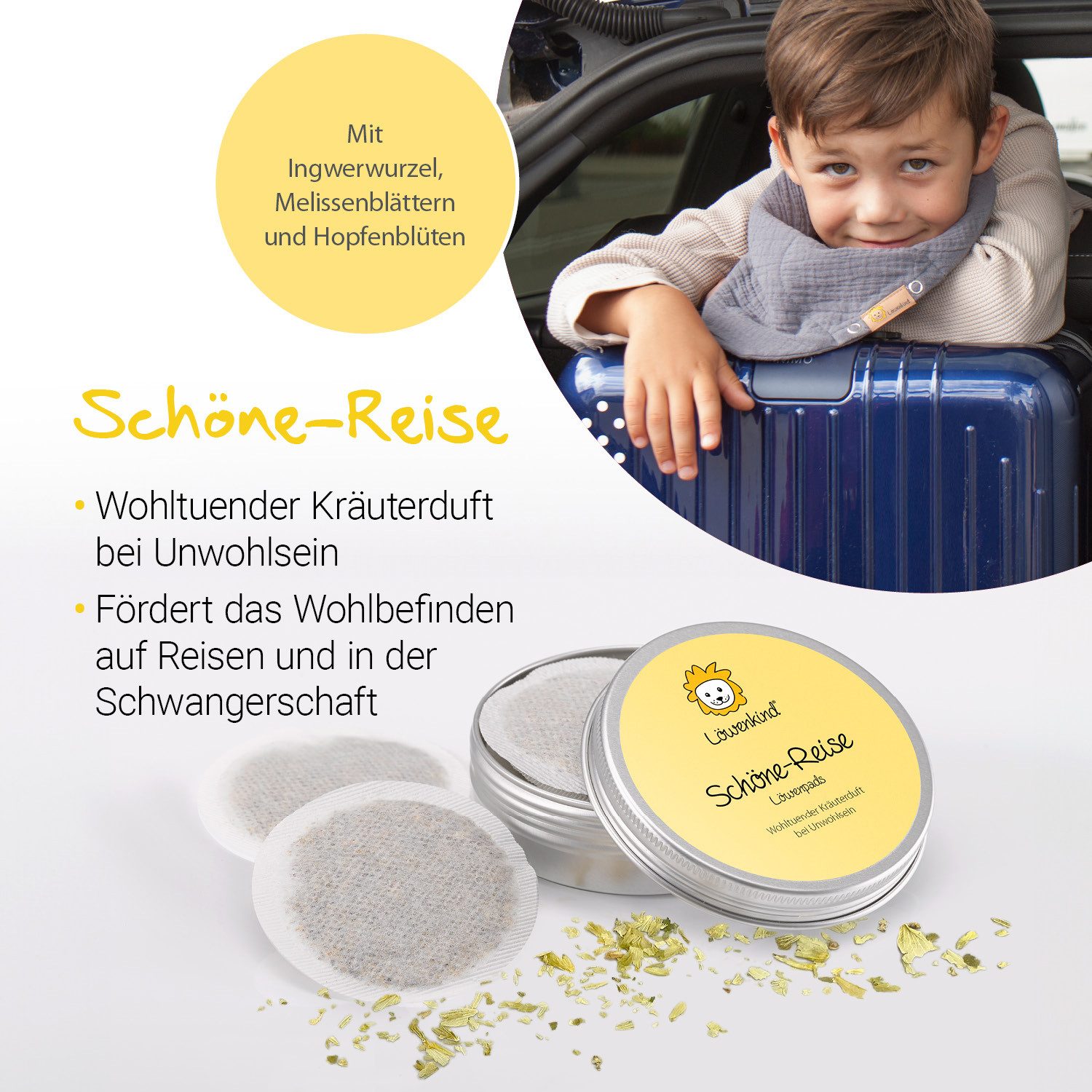 Löwenkind Pflege-Set Einsteigerbox mit Halstuch "Medi" 4-12J., Rotznäschen und Schöne-Reise Einsteiger-Set, 2x5 Kräuterpads und Trägertuch