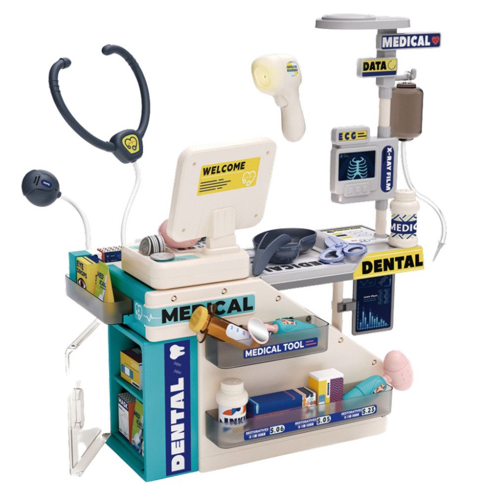 LEAN TOYS Spielzeug-Arztkoffer Arztspielset Zahnarztstation Apothekentisch, (Spar-Set, 1-tlg., 90x38,5x103,5 cm robust), Licht- & Soundeffekte, EKG-Panel, Kasse, Zubehör