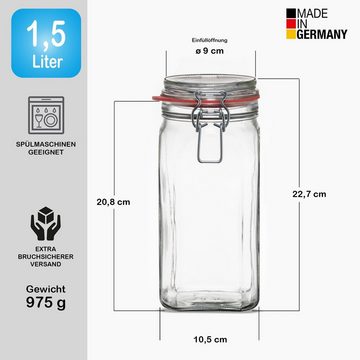 BigDean Einmachglas 4x Vorratsgläser 1,5L Deckel & Bügelverschluss Made in Germany, Glas, (4-tlg)