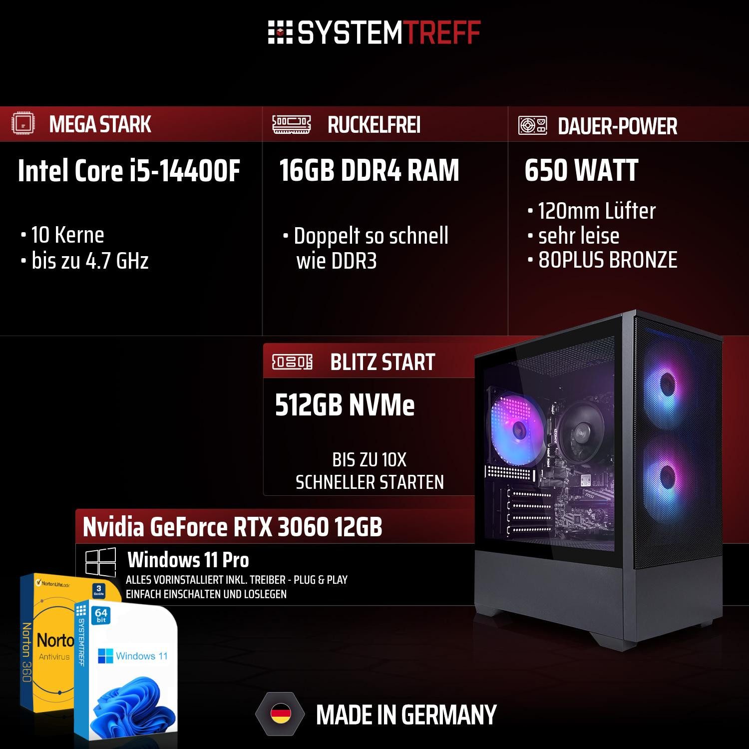 SYSTEMTREFF Basic Gaming-PC (Intel 14400F 14400F, GeForce RTX 3060, 16 GB RAM, 512 GB SSD, Luftkühlung)