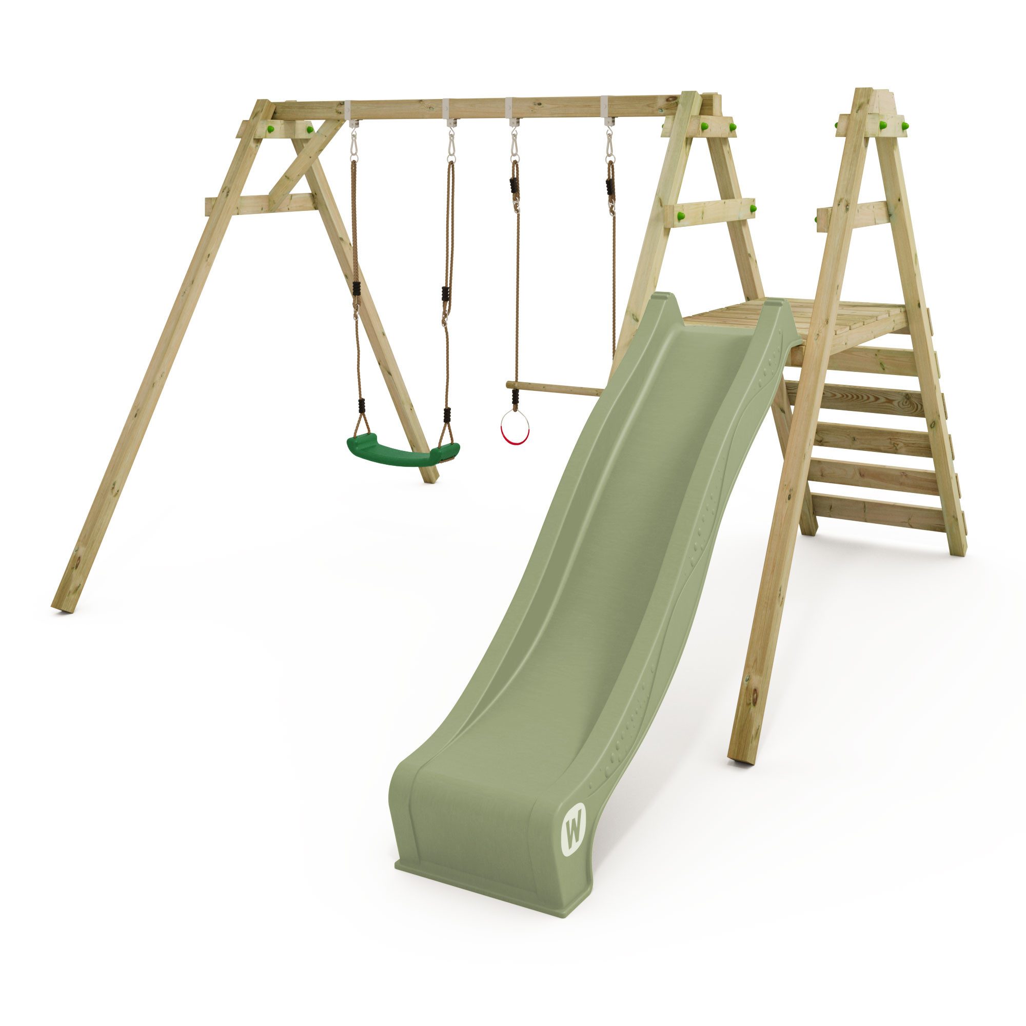 Wickey Doppelschaukel Smart Dash – Gartenschaukel mit Rutsche, Ringen & Trapez für Kinder, (Holzschaukel - Wickey Zubehör flexibel nachrüstbar, Kinderschaukel - Fördert Gleichgewicht, Kraft & Koordination), Wetterfestes Massivholz – pflegeleicht mit 10-Ja