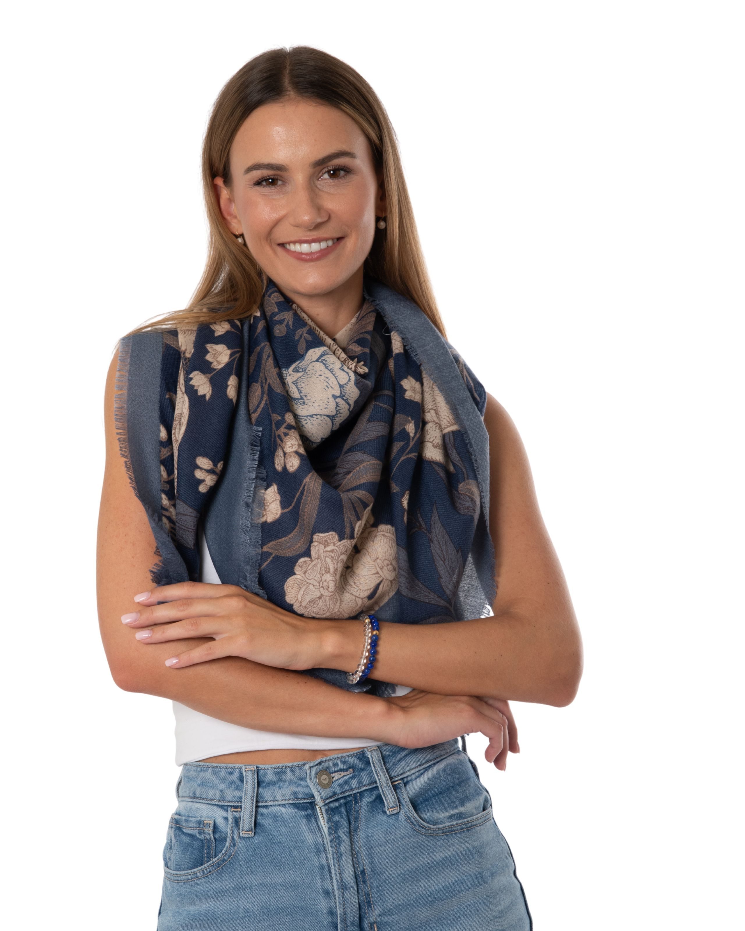 Modeschal Großes Modetuch Cashmere Feeling 130x130cm Floral blau