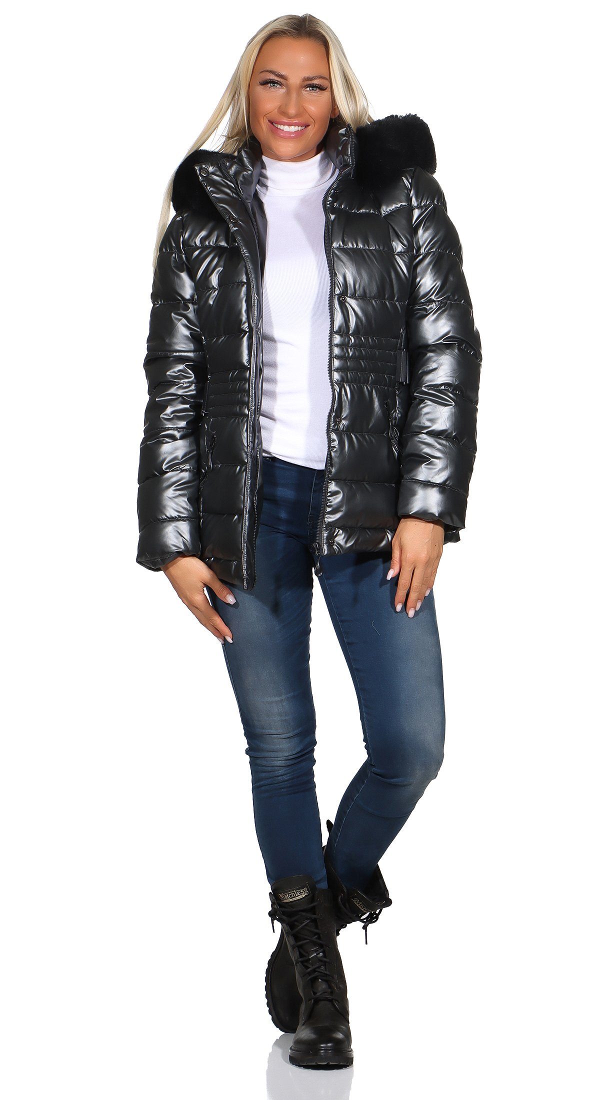 Schwarz abnehmbare Damen Kapuze Aurela Kunstfell Damenmode abnehmbare Kapuze, Steppjacke Jacke abnehmbares Winter Steppjacke Kunstfell