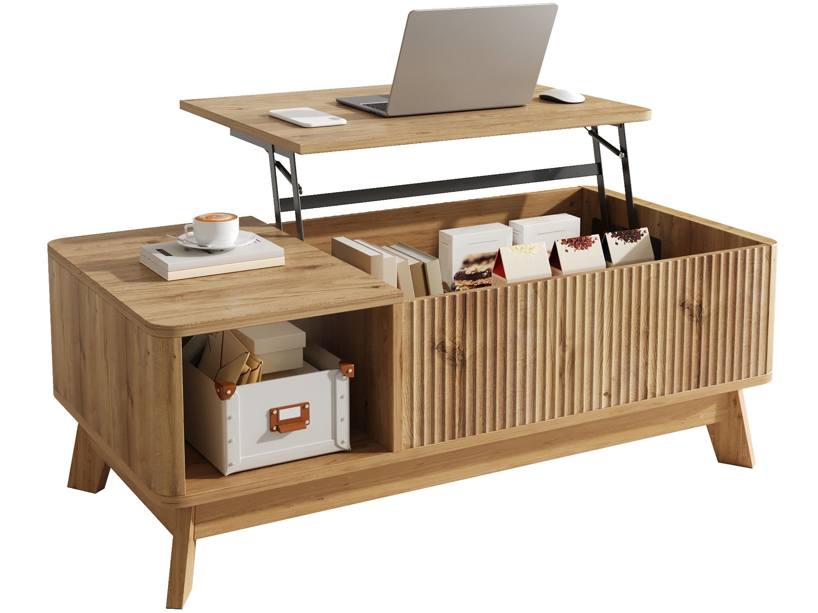 SeedWave Couchtisch Sofatisch mit anhebbarer Tischplatte 36-50 cm und Stauraum (1 Tisch), Wohnzimmertisch mit geteilter Ablage und abgerundeten Kanten