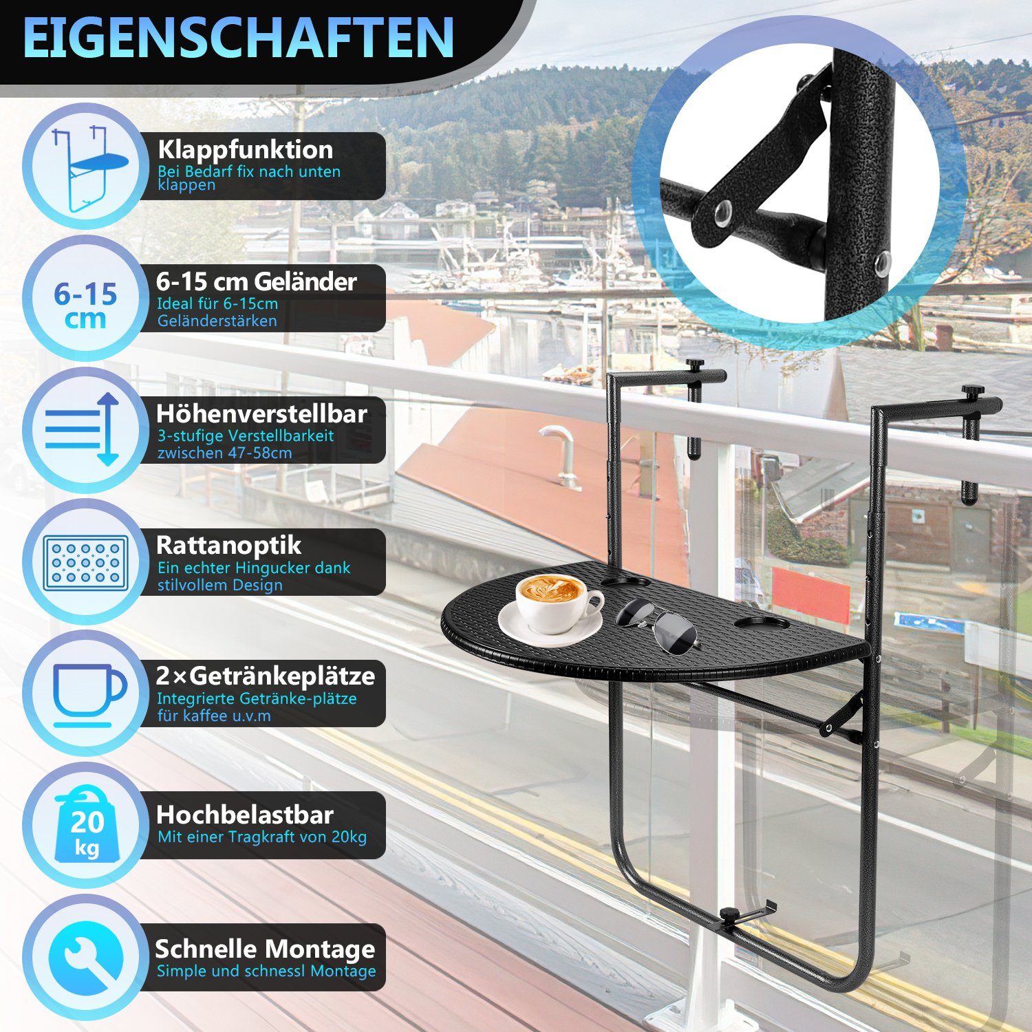 Clanmacy Balkonhängetisch 84x60x64cm bis 20kg Balkontisch Garden Hängetisch Klappbar Klapptisch (Ausklappbar, 1 Tisch)