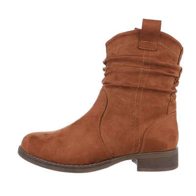 Ital-Design Damen Freizeit Stiefelette Blockabsatz Flache Stiefeletten in Camel