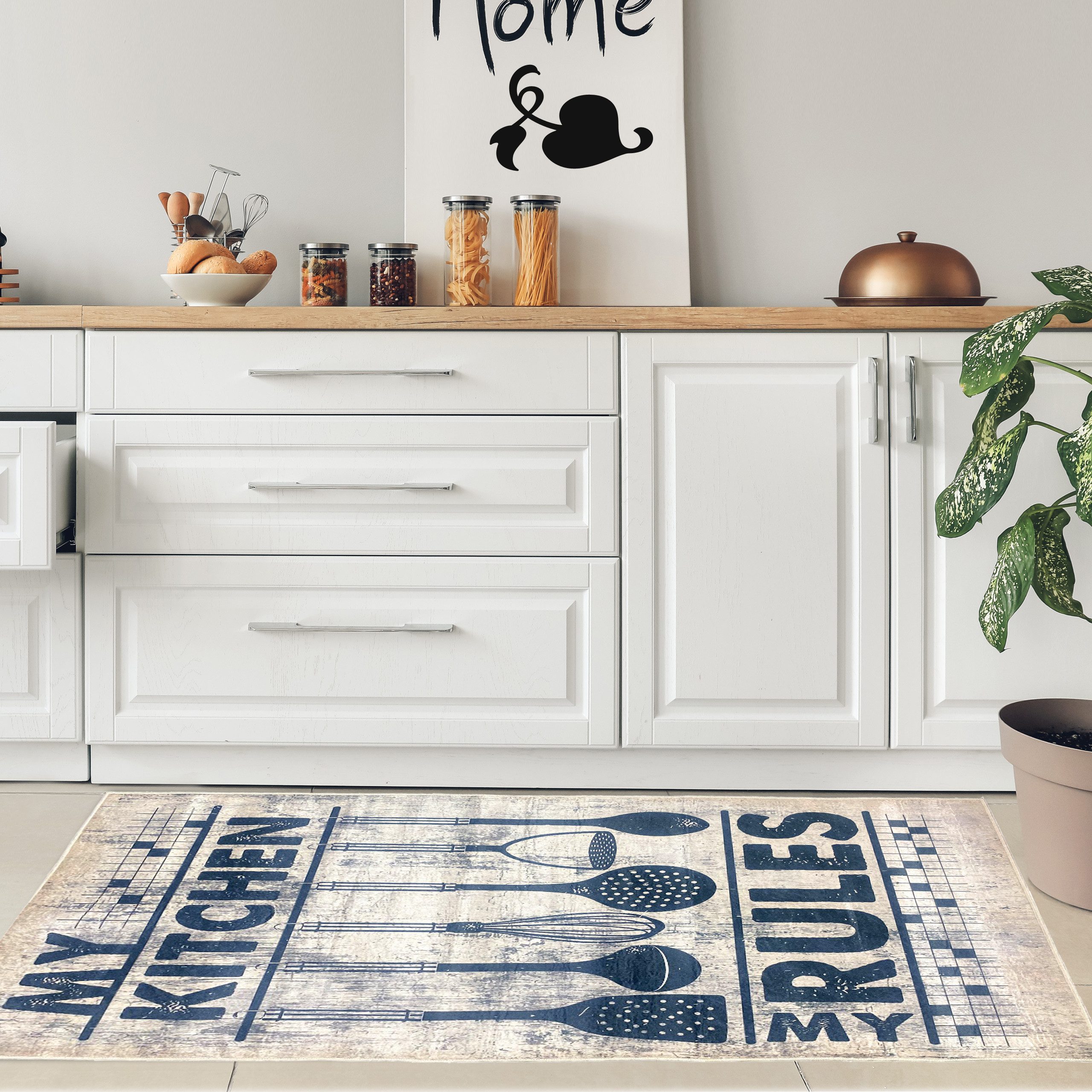 Teppich Waschbarer Küchenläufer-Teppich mit Kochutensilien und Schriftzug, TeppichHome24, rechteckig, Höhe: 5 mm