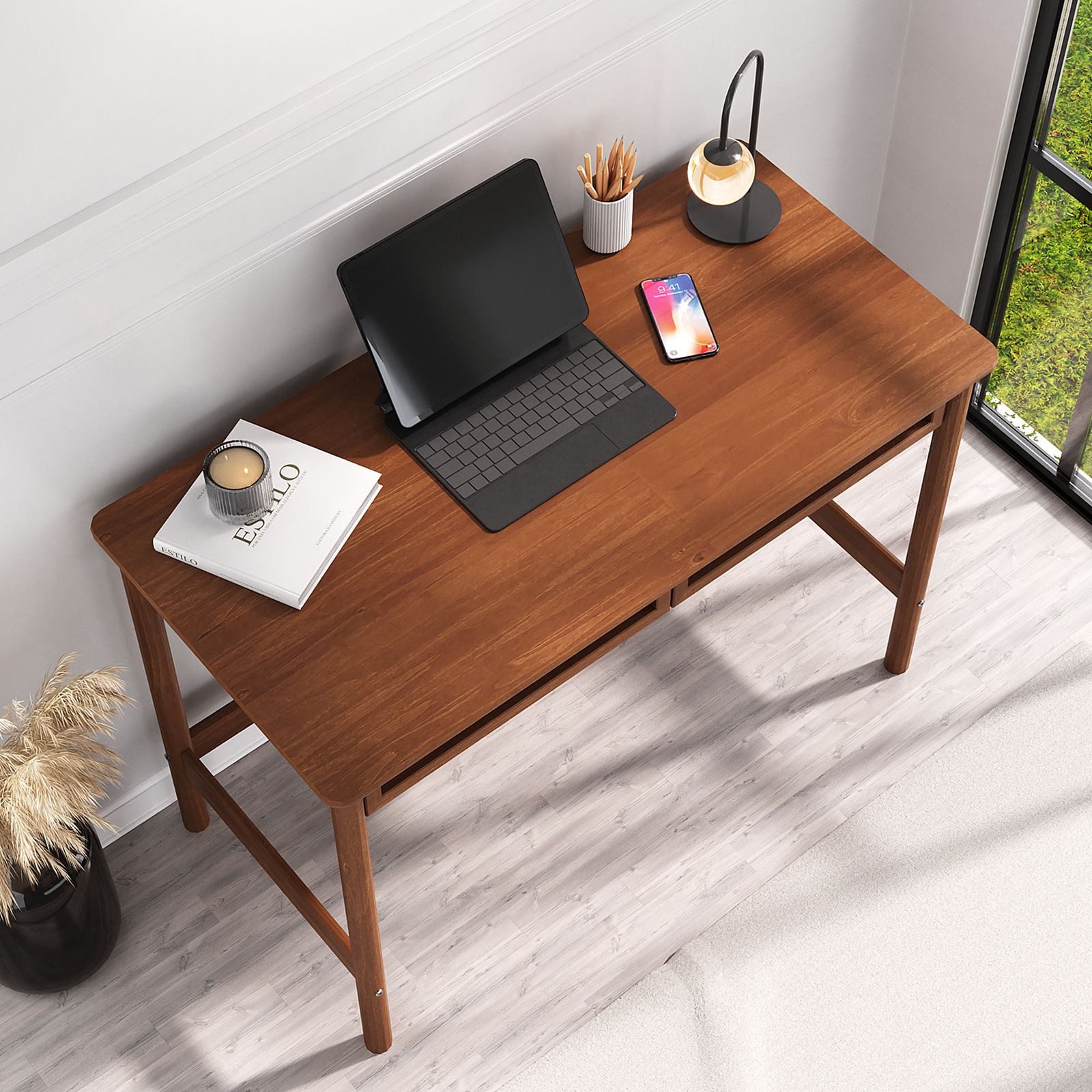 IDIMEX Schreibtisch RODRIGO, Tisch 110 cm breit aus Massivholz 2 Schubladen in Rattan Optik Kastani