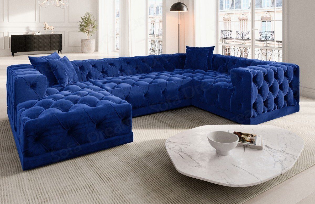 Chesterfield dunkelblau77 Stil Sofa Samtstoff Wohnlandschaft Designer U Dreams Stoffsofa, Stoff Form Sofa Loungesofa, Palma