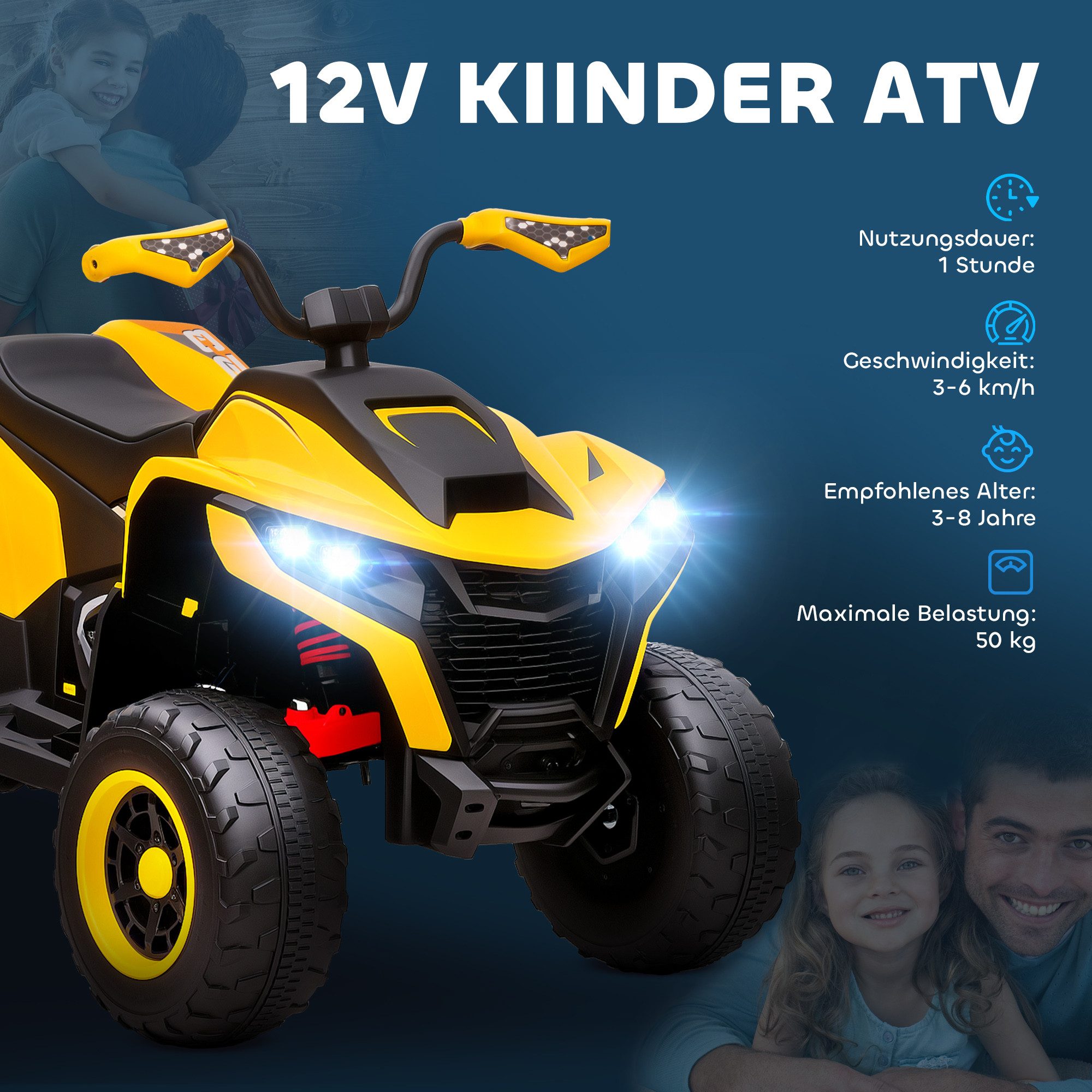 AIYAPLAY Elektro-Kinderquad 12V Elektro Kinderquad mit Vorwärts-& Rückwärtsgang, Belastbarkeit 50 kg, (1-tlg), Kinderauto mit USB, Musik für 3-8 Jahre Kinder, Gelb