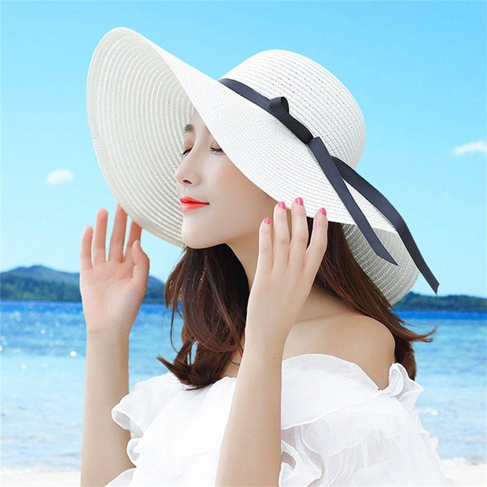 Krempe Sonnenhut Outdoor-Reisen Damen mit für Weiß breiter Neu Dekorative Sonnenhut Strandhut,