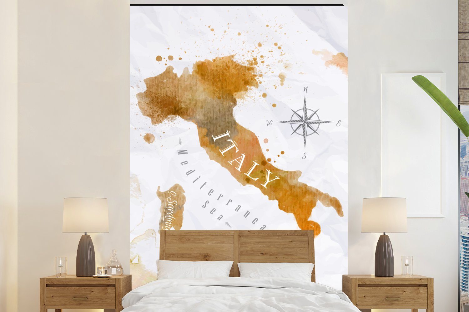 Weltkarte Farbe St), für Matt, Wohnzimmer, - Wandtapete bedruckt, Fototapete Vinyl Montagefertig Tapete - Italien, (3 MuchoWow