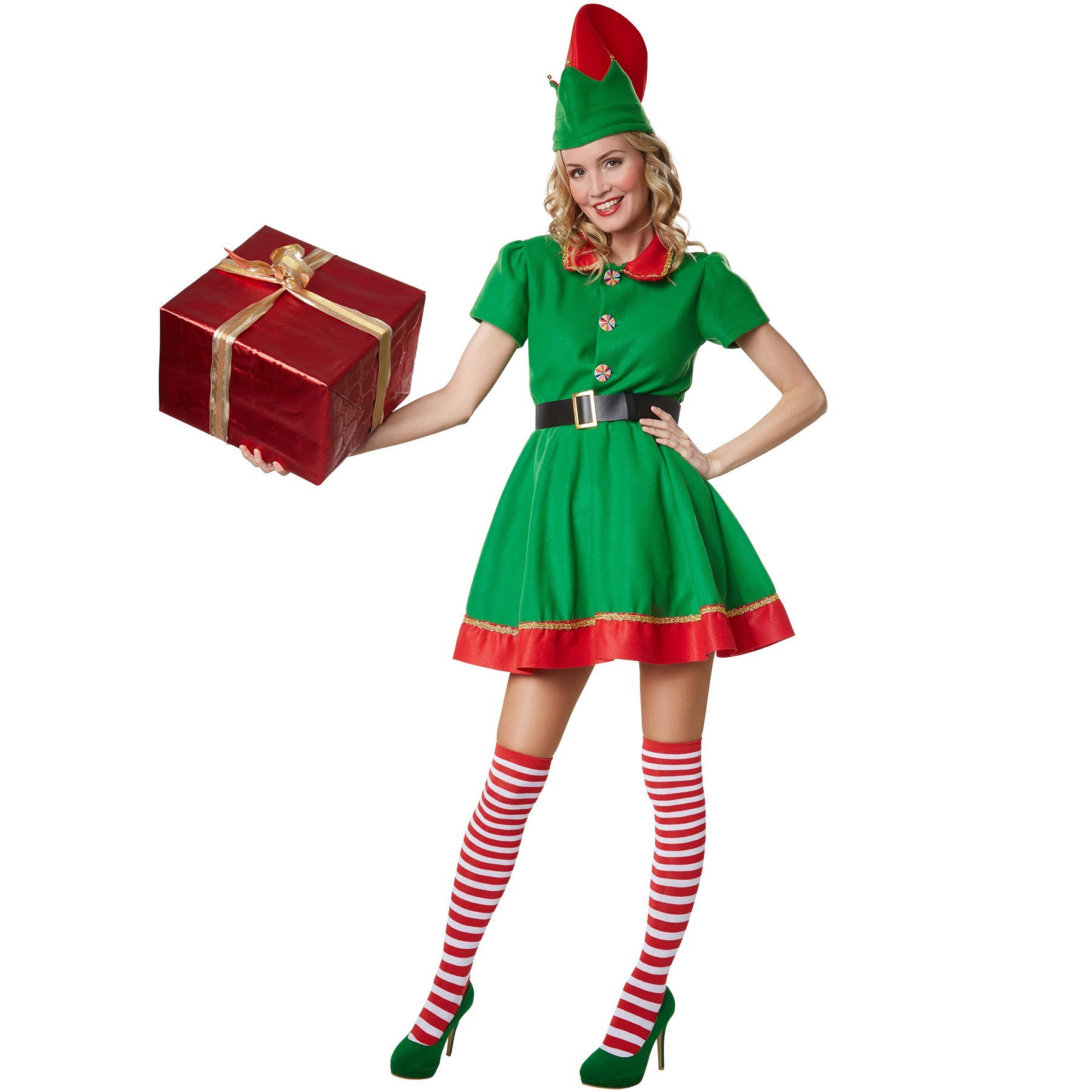 dressforfun Engel-Kostüm Himmelsbote/Heilige, Gr. S, Kurzärmeliges kurzes Kleid zum Knöpfen, in der Farbe rot/grün, Inkl. Gürtel und Wichtelmütze mit Glöckchen