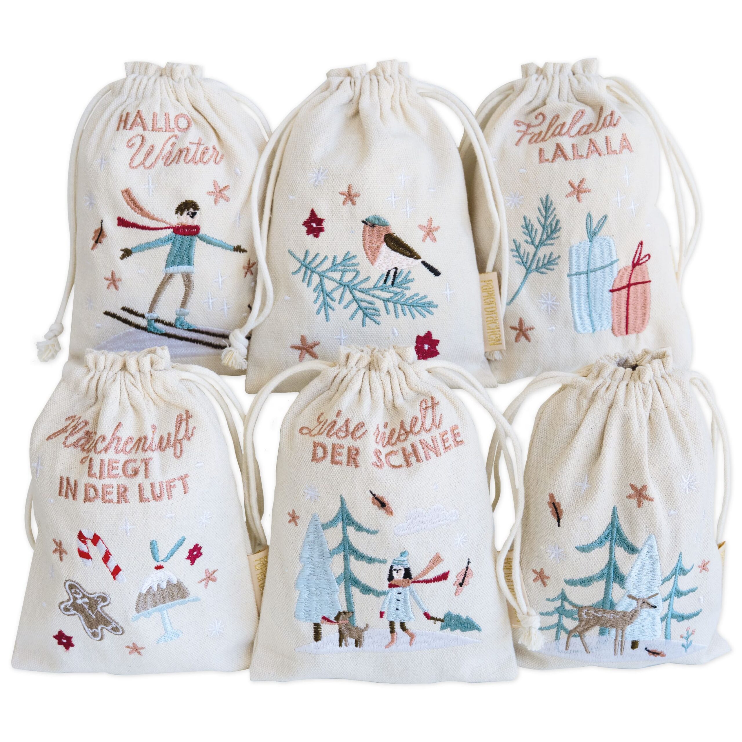 PAPIERDRACHEN Geschenkpapier 6 Geschenksäckchen zu Weihnachten – Cheerful Christmas, mit schöner Bestickung