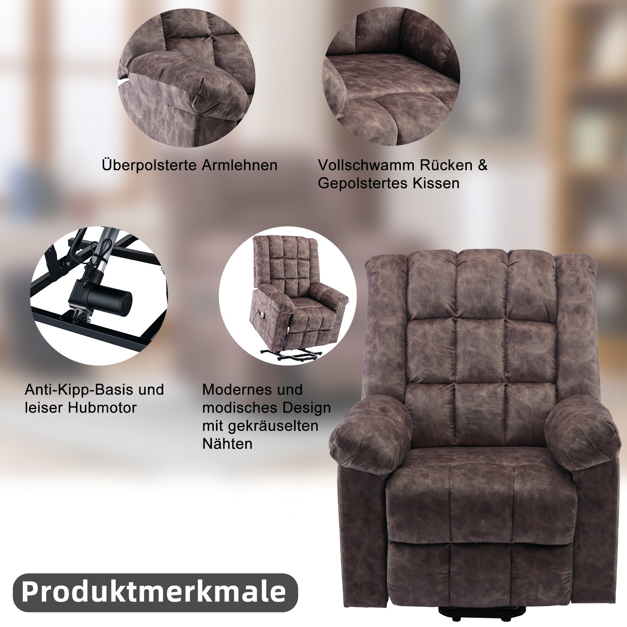 TV-Sessel (Fernsehsessel mit Aufstehhilfe, elektrisch Relaxsessel mit Fernbedienung, bis 130 kg belastbar), Massagesessel mit Liegefunktion, Wärmefunktion und Vibrationsmassage
