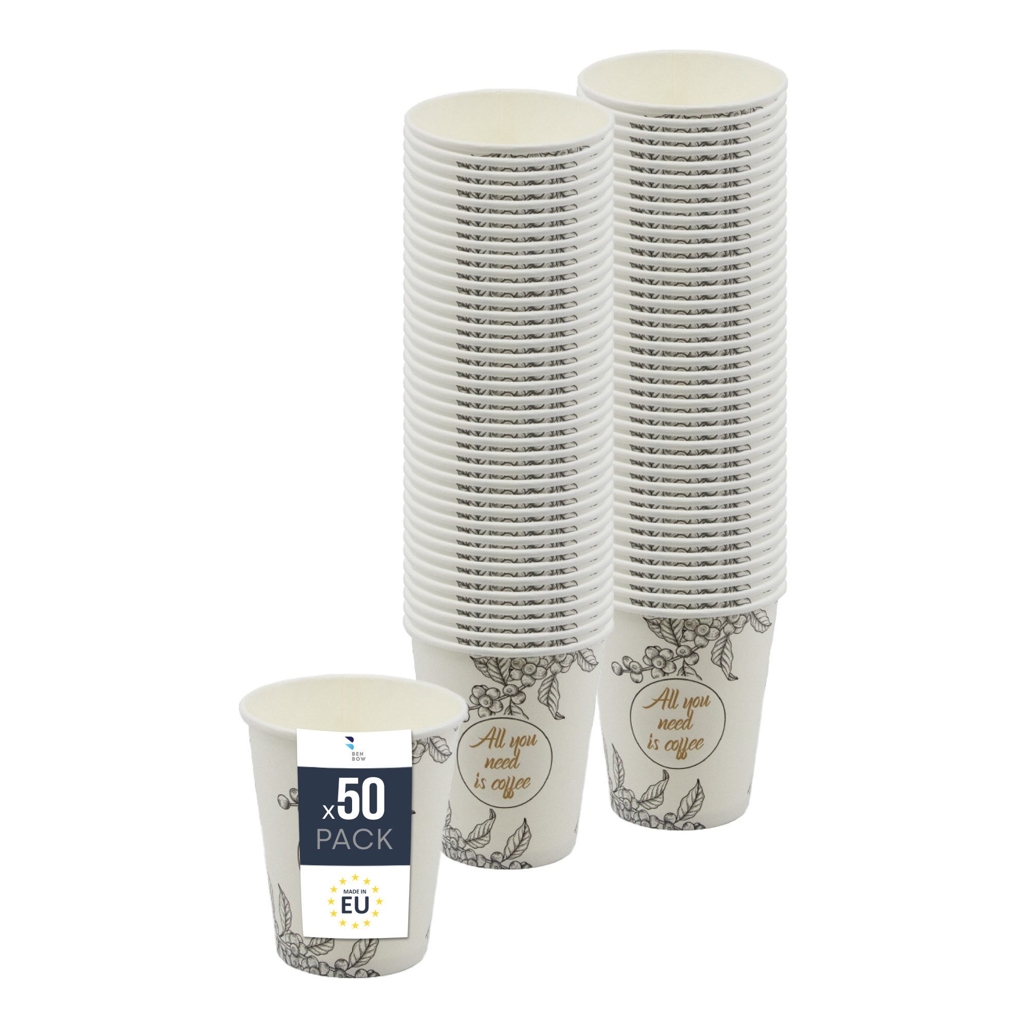 BENBOW Einwegbecher BenBow Kaffeebecher - 180 ml/250 ml/300 ml/400 ml - Einwegbecher, 50-tlg., Beschichteter Karton, BenBow Kaffeebecher 300 ml x 50