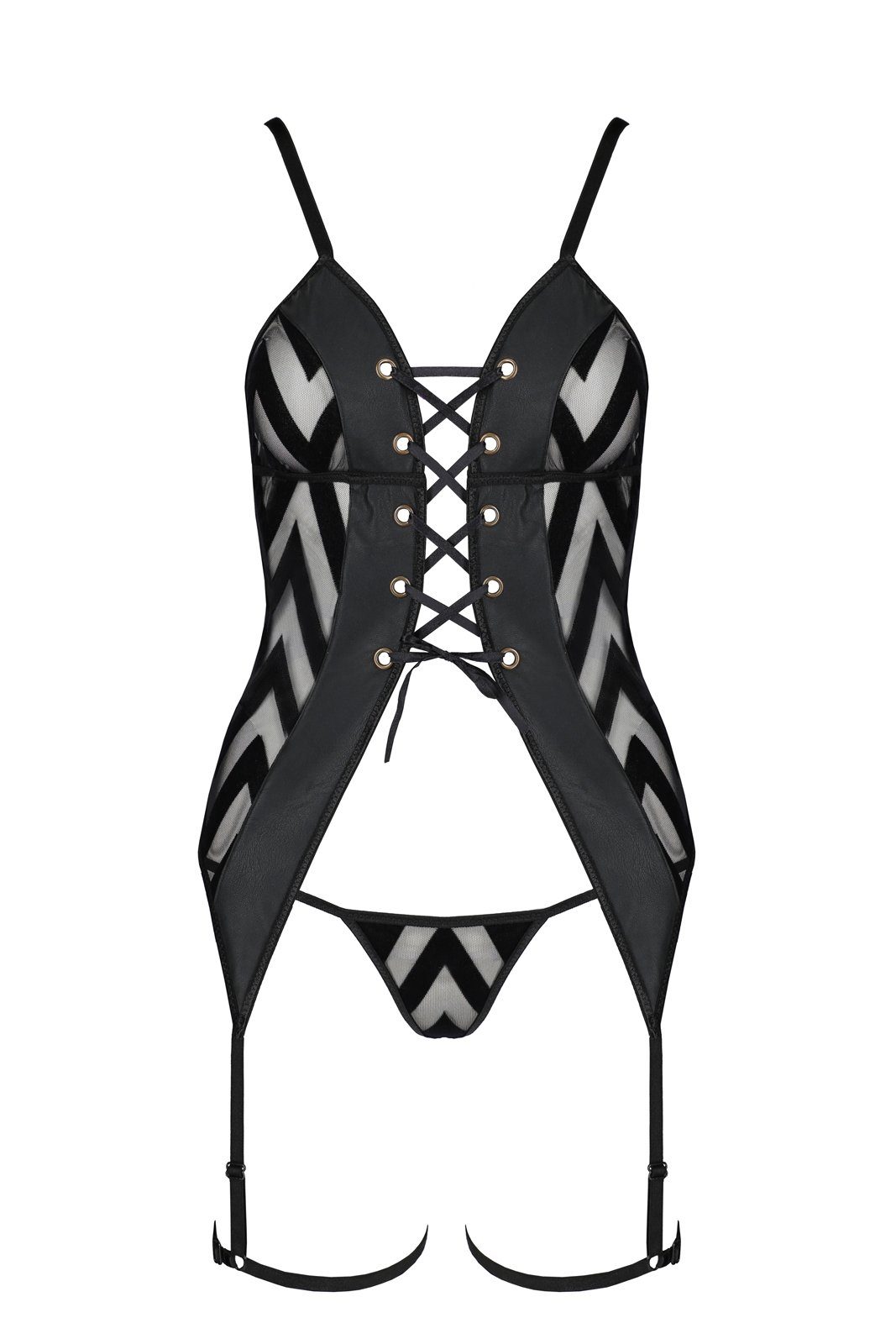 Passion Corsage Corsage Angelica schwarz mit Strapse Kunstleder (Set)
