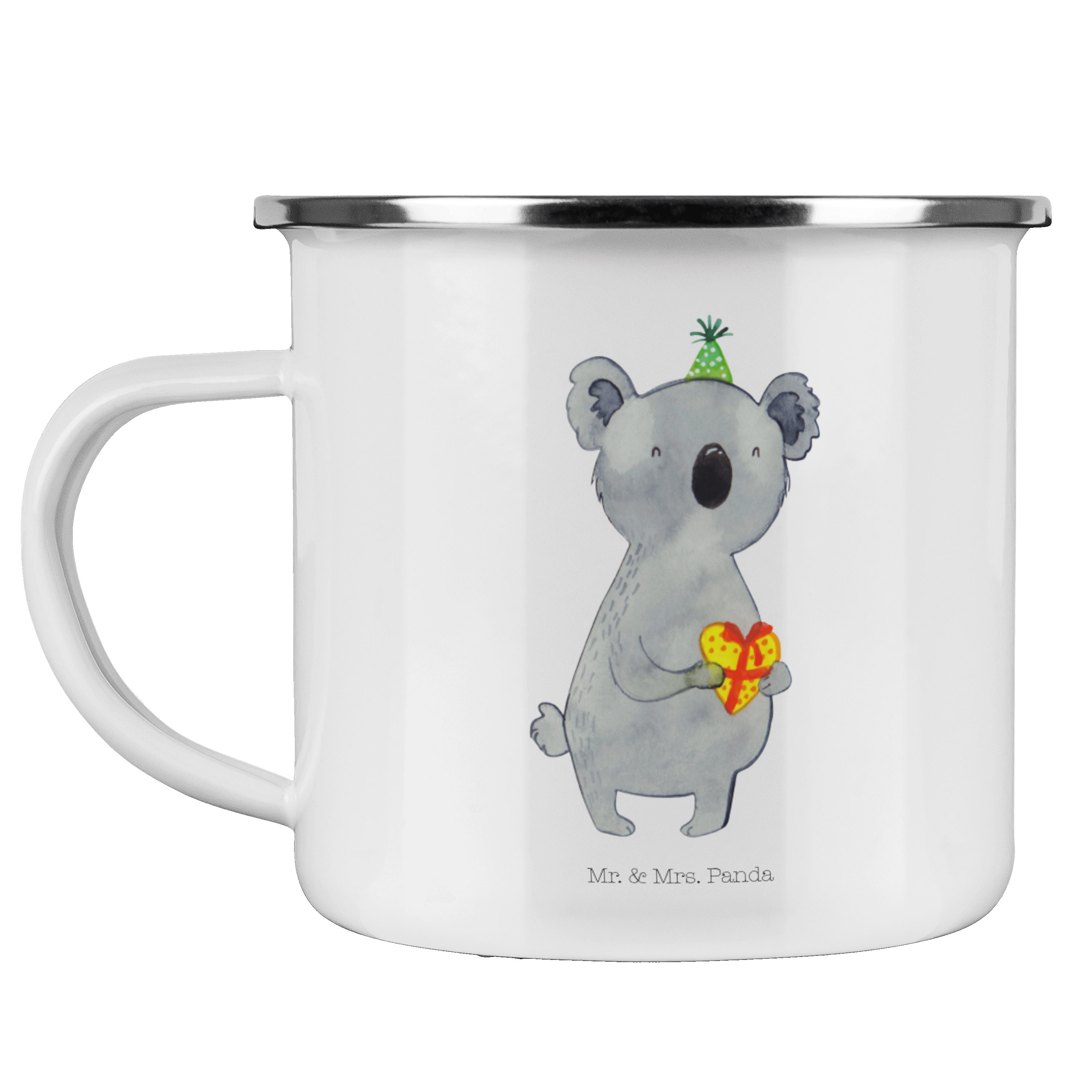 Campingtasse, Mrs. Panda Metalltasse, - Emaille & Weiß Becher Blechtasse, Geschenk Mr. Koala - Kaffee