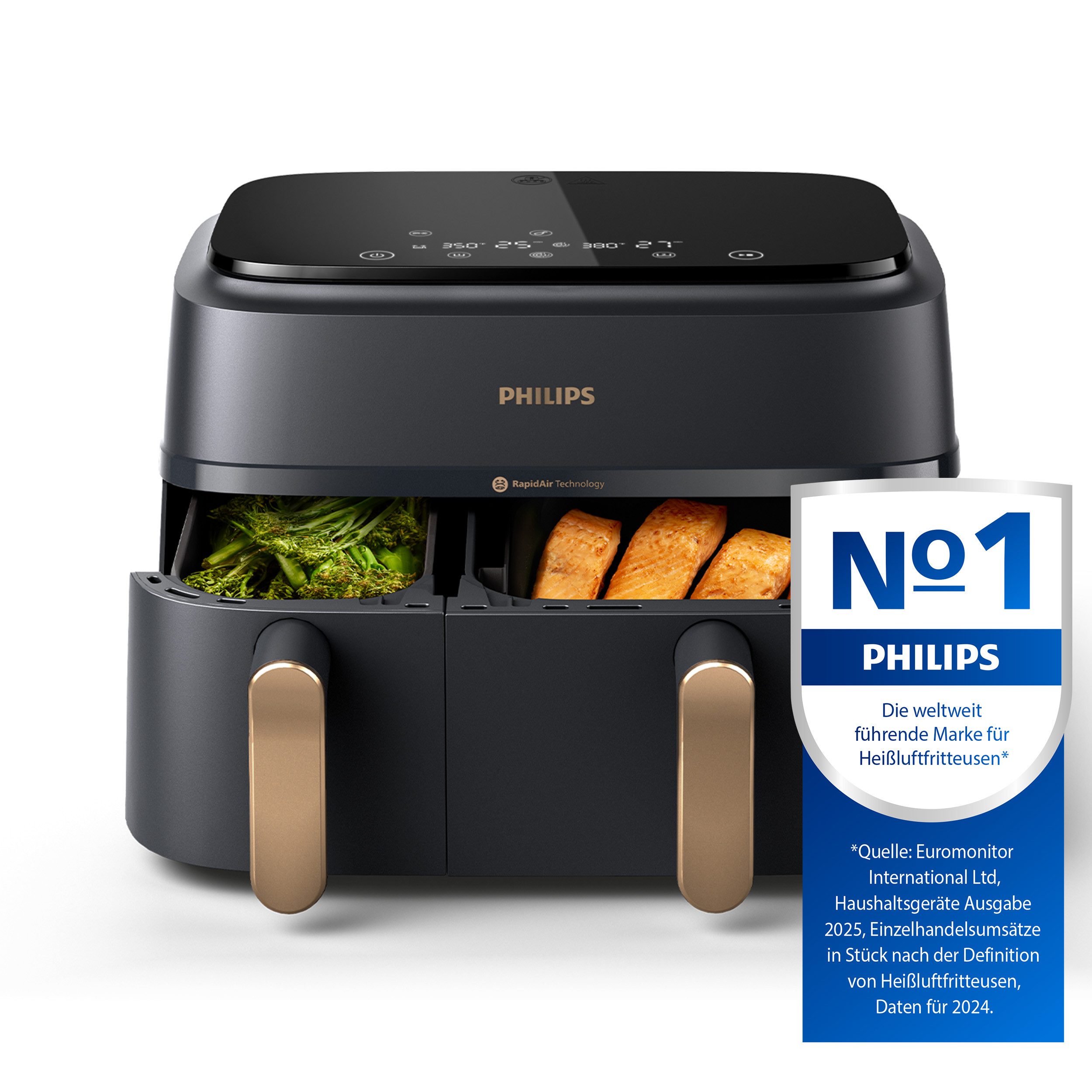 Philips Heißluftfritteuse 3000 Series NA352/00, Dual Basket Airfryer mit 9L Kapazität (3L+6L), 2750 W, RapidAir Technologie und 12 Kochfunktionen; Schwarz