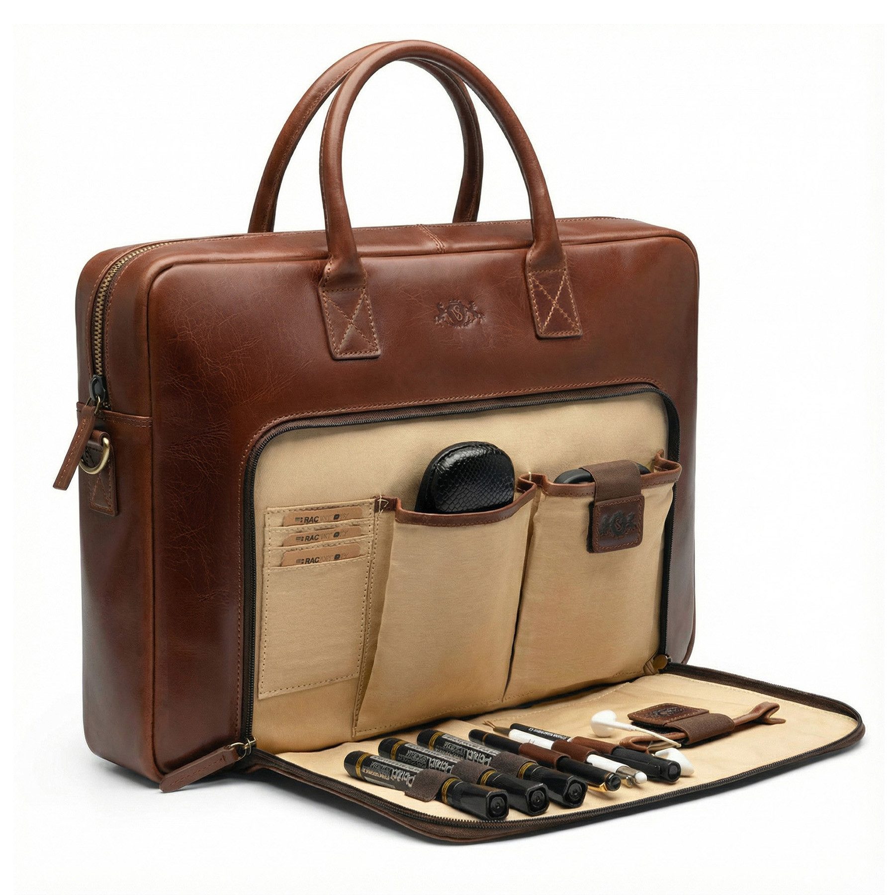 SID & VAIN Messenger Bag echt Leder Aktentasche groß 15 Zoll braun Umhängetasche Business, Laptoptasche 15 Zoll, Arbeitstasche Umhängetasche Herren braun-cognac