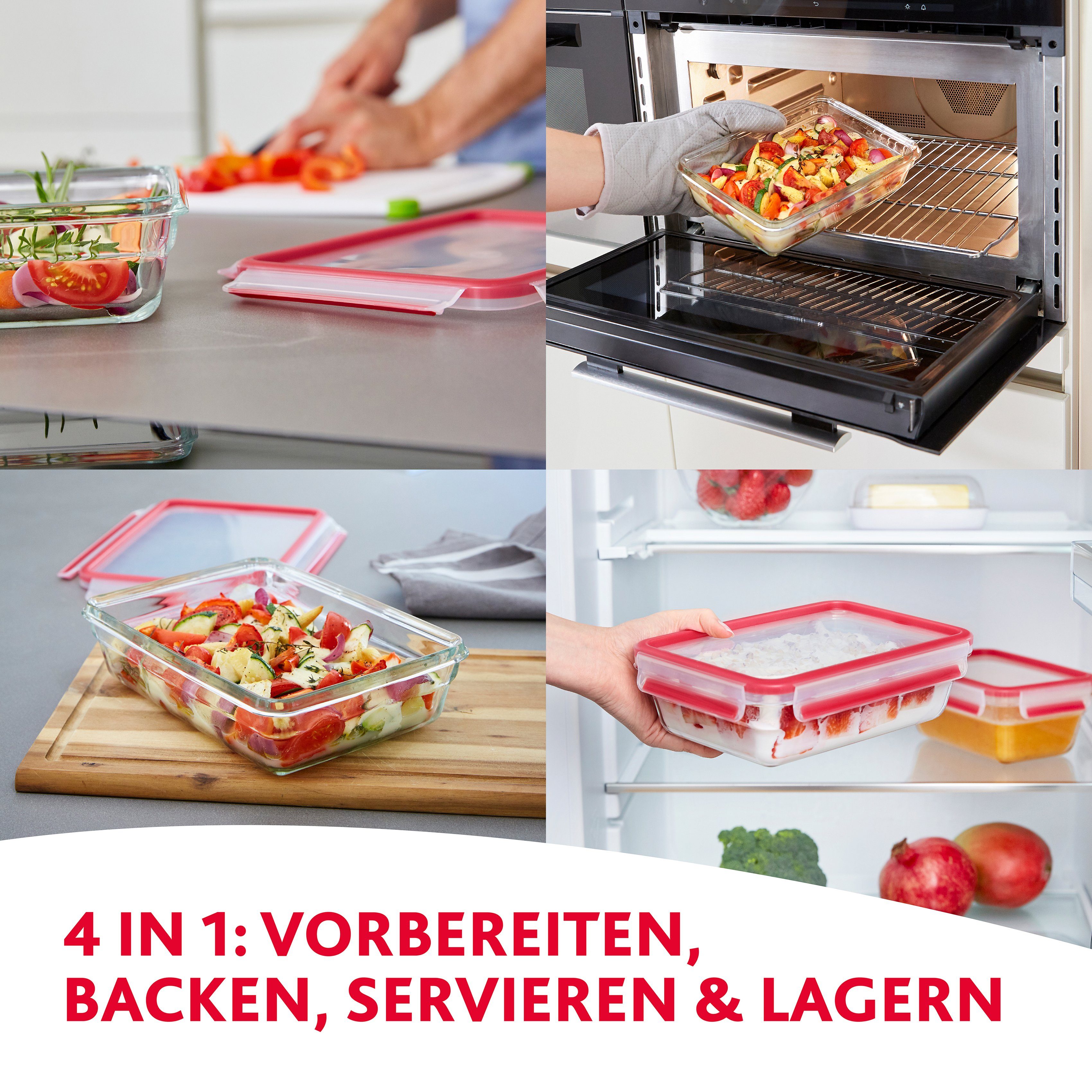 Emsa Frischhaltedose Clip&Close, (4 Deckel) (4-tlg), gefrierfest, in Glas, Germany, backofen-, mit Dosen mikrowellengeeignet, Made