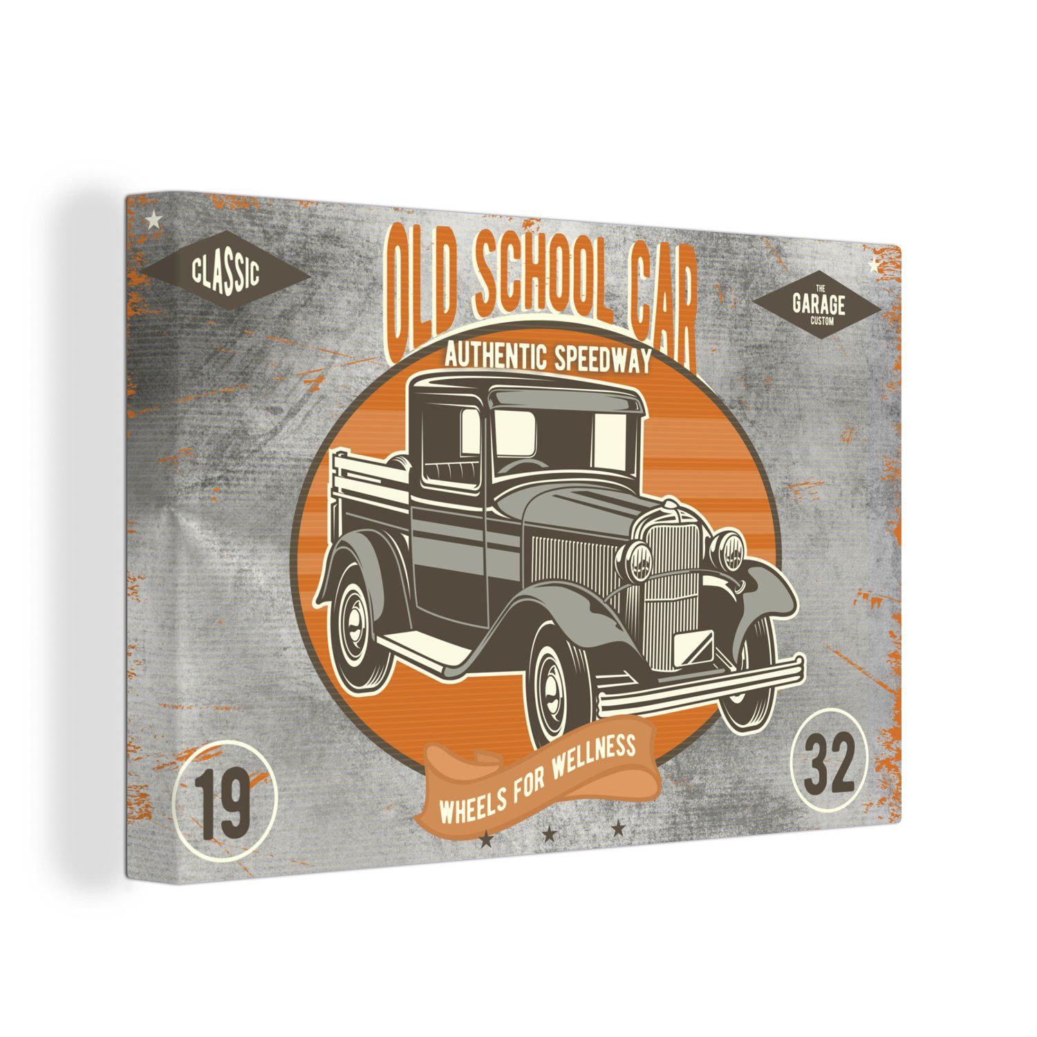 OneMillionCanvasses® Leinwandbild Mancave - Auto - Orange - Grau - Vintage, (1 St), Wandbild Leinwandbilder, Aufhängefertig, Wanddeko, 30x20 cm