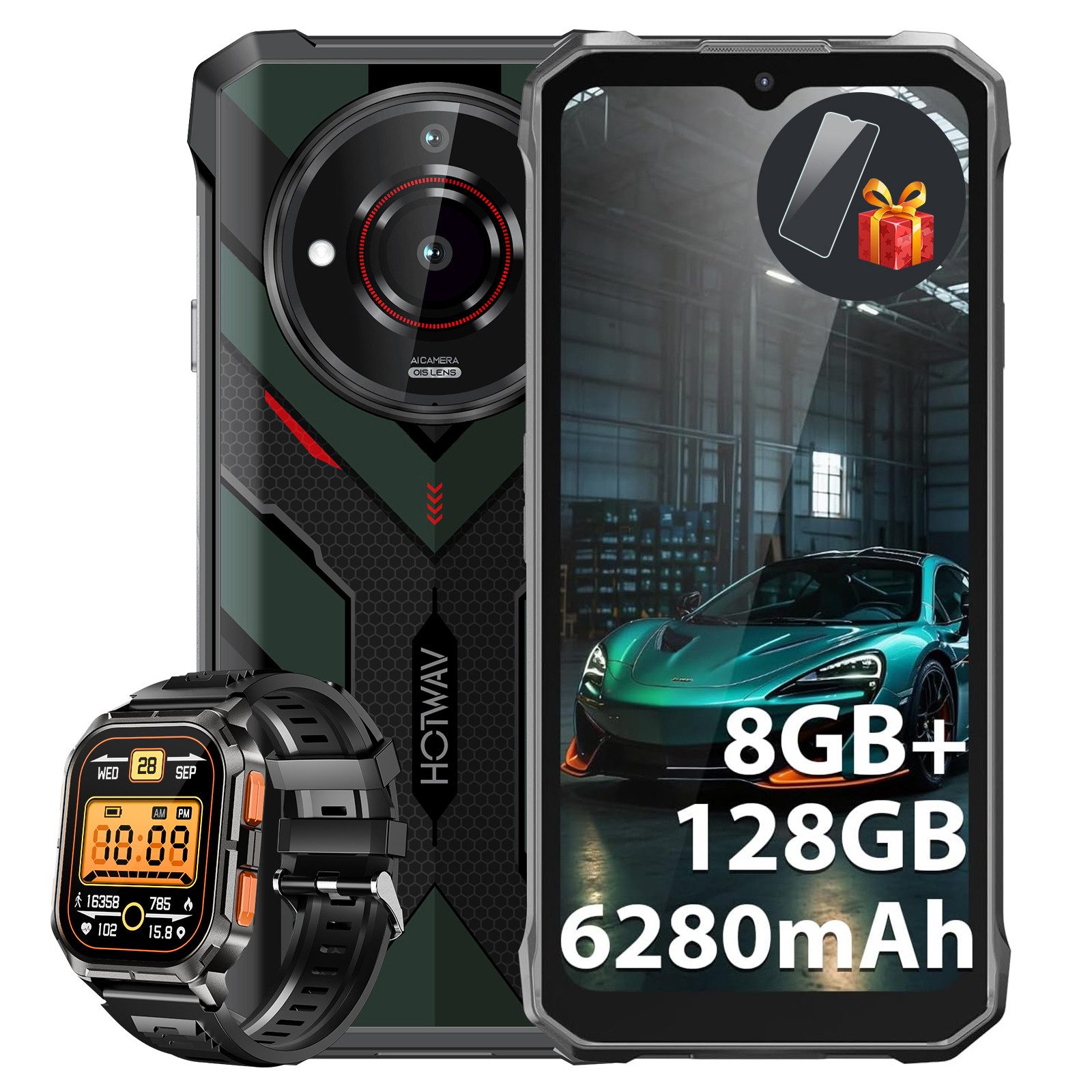 HOTWAV Outdoor Smartphone T7S incl. Smartwatch, Outdoor Handy, 8GB+128GB(2TB) Smartphone (21 MP Kamera, Ohne Vertrag Günstige, Dual SIM 4G LET, OTG/Face ID/GPS/IP68/ IP69K)