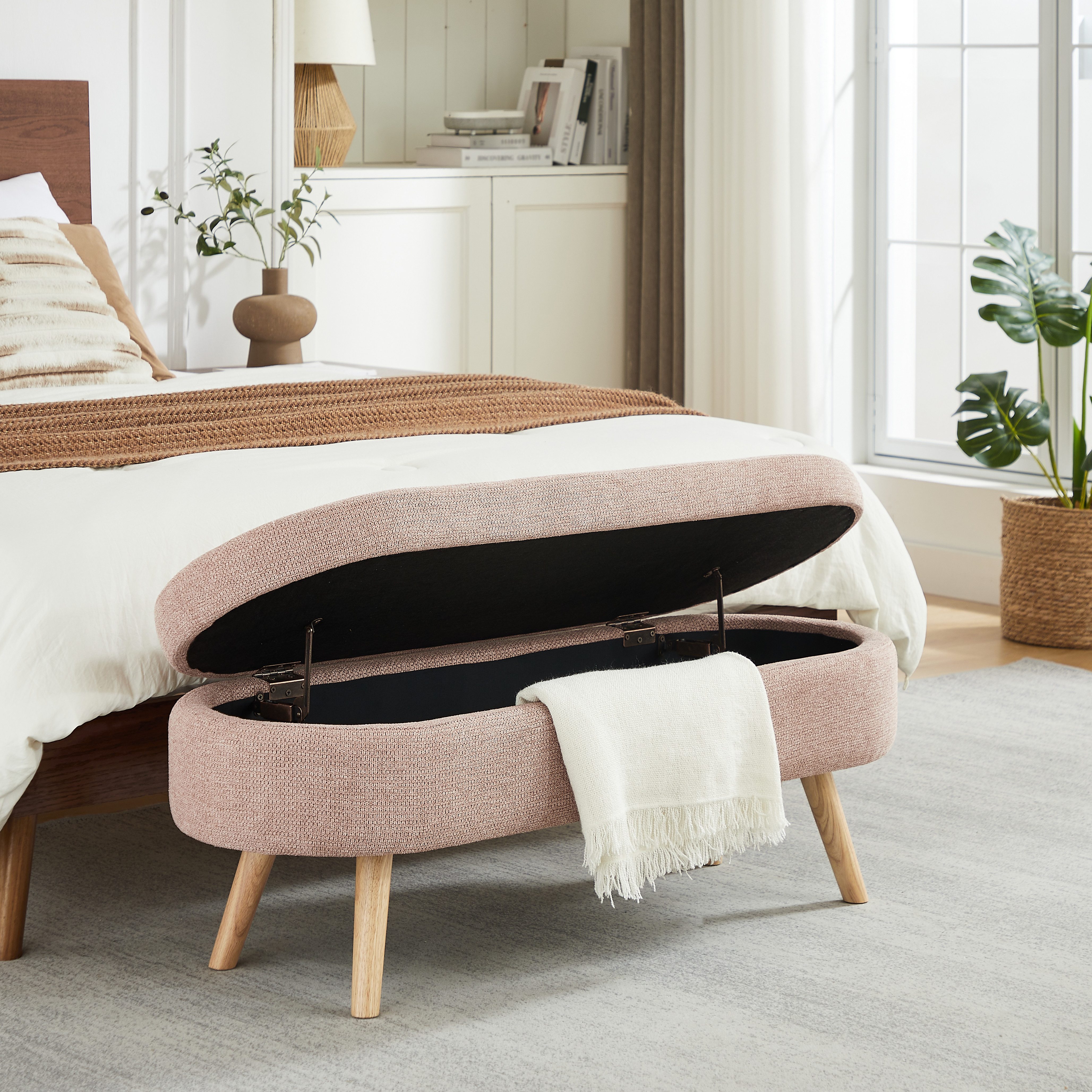 i@home Bettbank Sitzbank gepolsterte Bank mit Stauraum, ovalem Design (rutschfesten Füßen und Belüftungslöchern, 1-St), Aufbewahrungsbank für Flur Schlafzimmer 110 cm Chenille