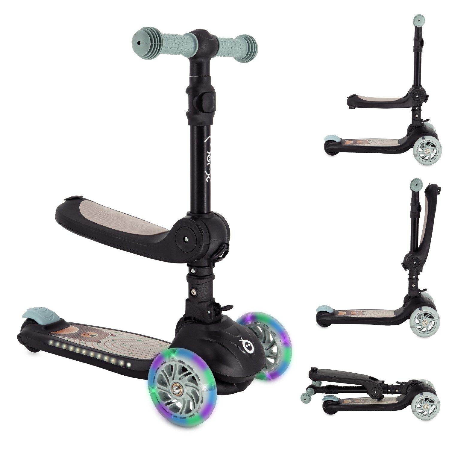 MoMi Dreiradscooter Debe, 2-in-1 Kinderroller mit Sitz, LED-Rädern und Klappfunktion