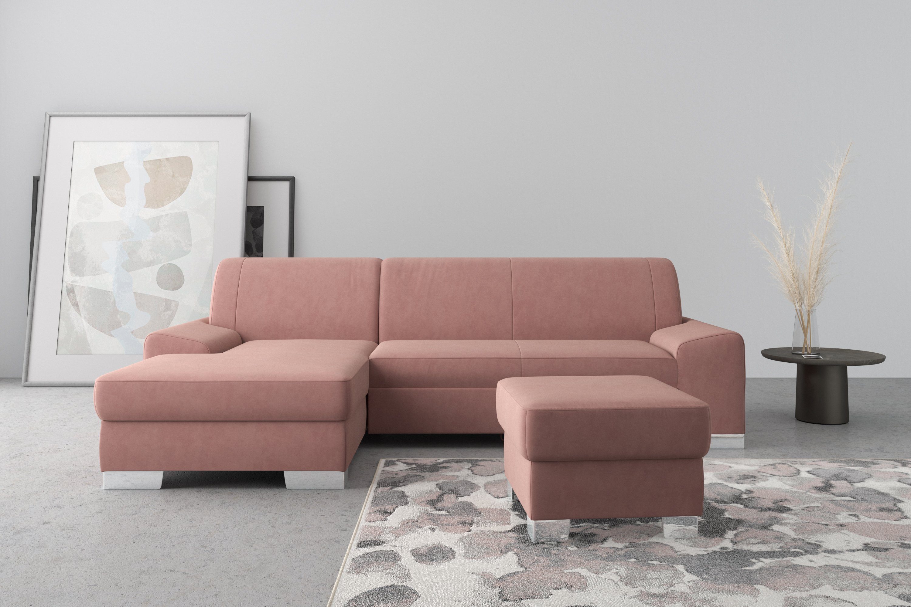 DOMO collection Ecksofa Anzio L-Form, whlw. Bettfunktion, Federkern, hochwertig, Breite 271 cm, Ohne Bettfunktion, Recamiere links, Samtoptik, malve