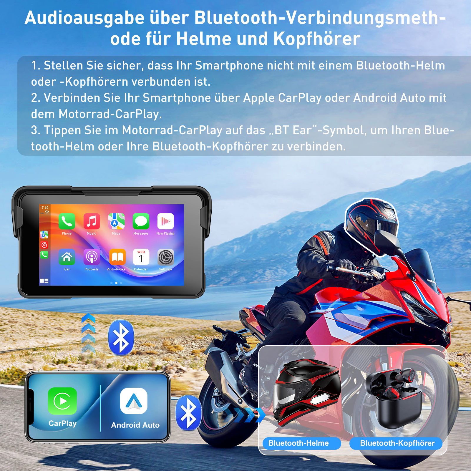 ESSGOO 5'' Touchscreen-GPS-Navigationssystem Motorrad-Carplay,wasserdicht Motorrad-Navigationsgerät (Bluetooth)
