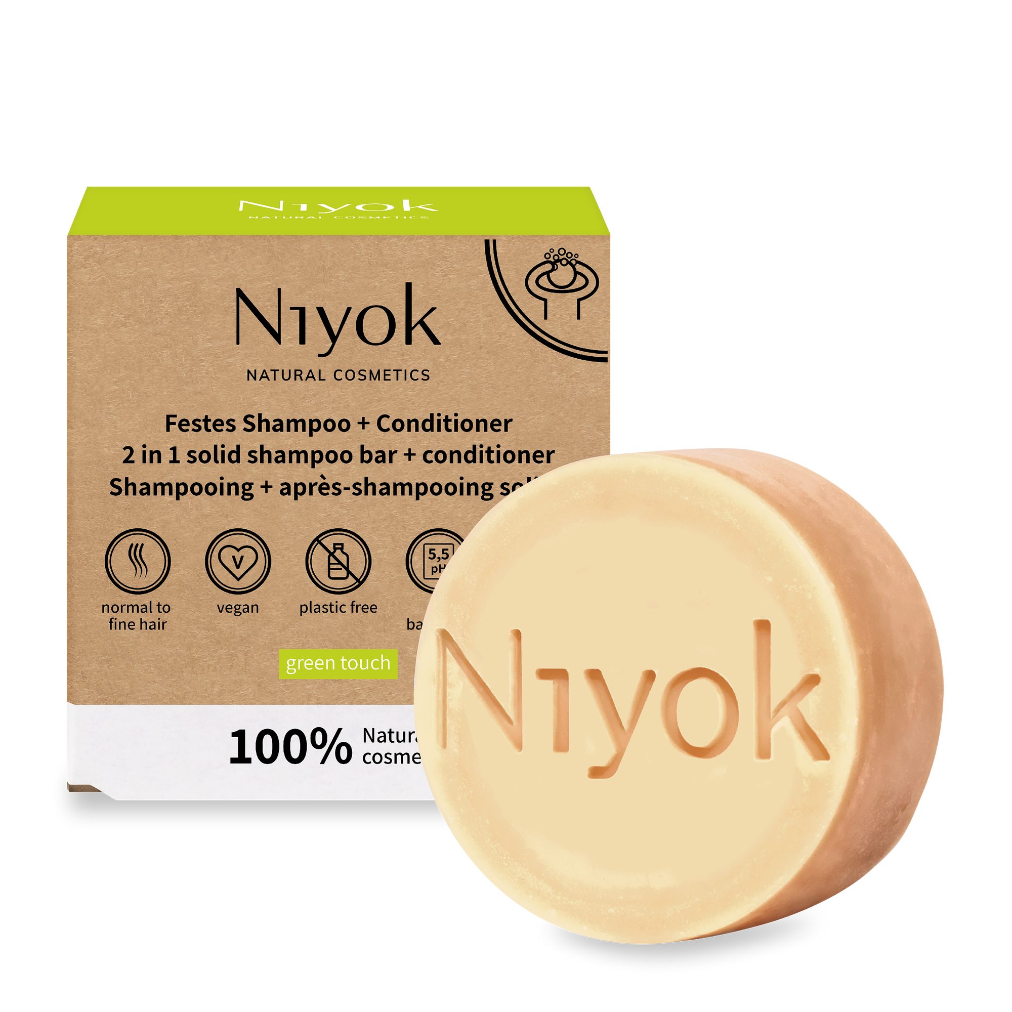 Niyok Festes Haarshampoo 2-in-1 Festes Shampoo + Conditioner Plastikfrei & Vegan, Nachhaltiges Shampoo & Spülung, PH-Neutral, normales & feines Haar