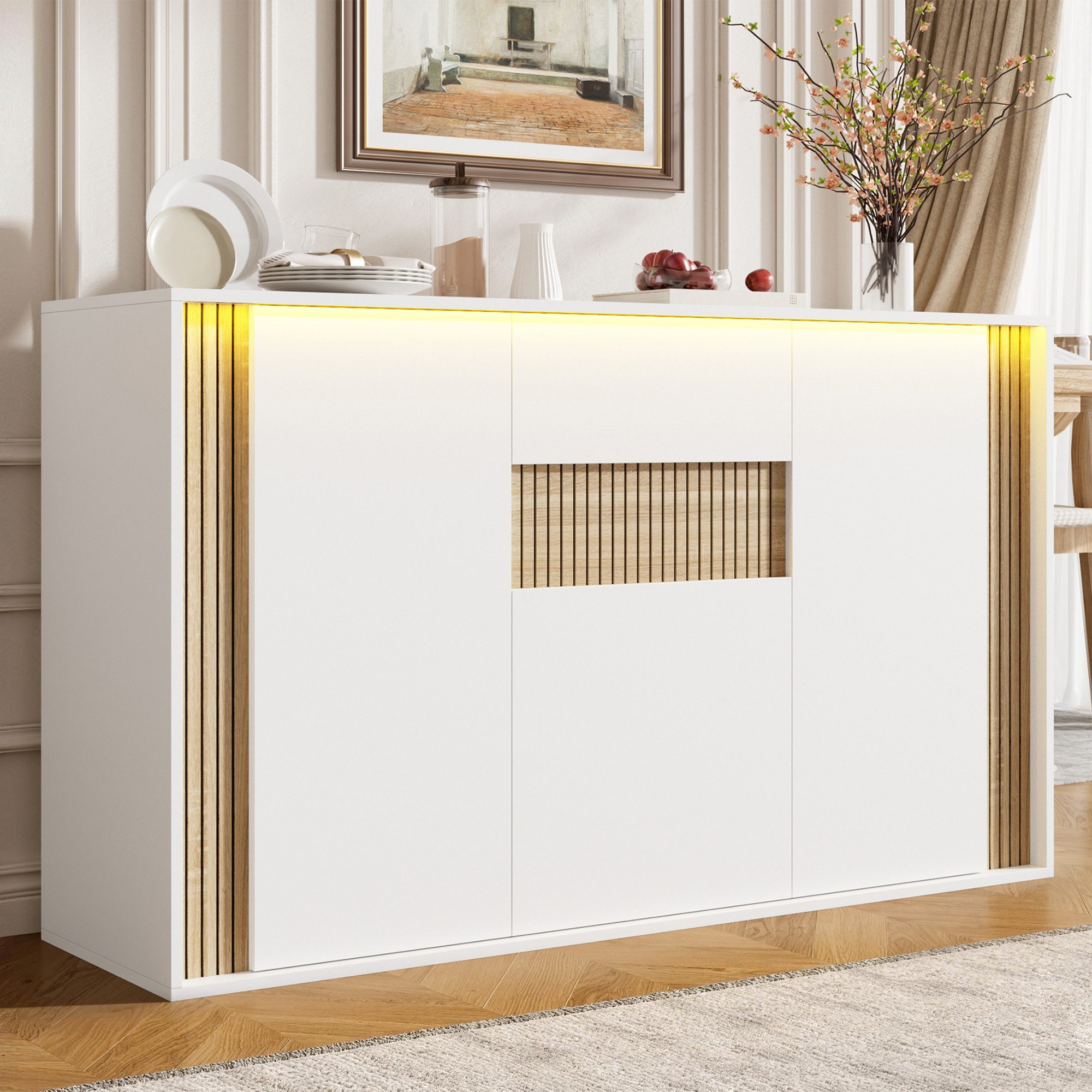 Flieks Kommode mit verstellbarer LED-Beleuchtung, 1 Schublade und 3 Türen (140×40×82 cm, 1 St), Sideboard Mehrzweckschrank Multifunktionsschrank Holzoptik&Weiß