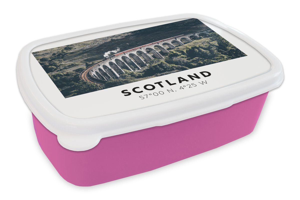 Snackbox, Erwachsene, Lunchbox Brotbox - - MuchoWow Mädchen, (2-tlg), Vintage rosa Zug Kunststoff, für Kunststoff Schottland Kinder, - Brücke, Brotdose