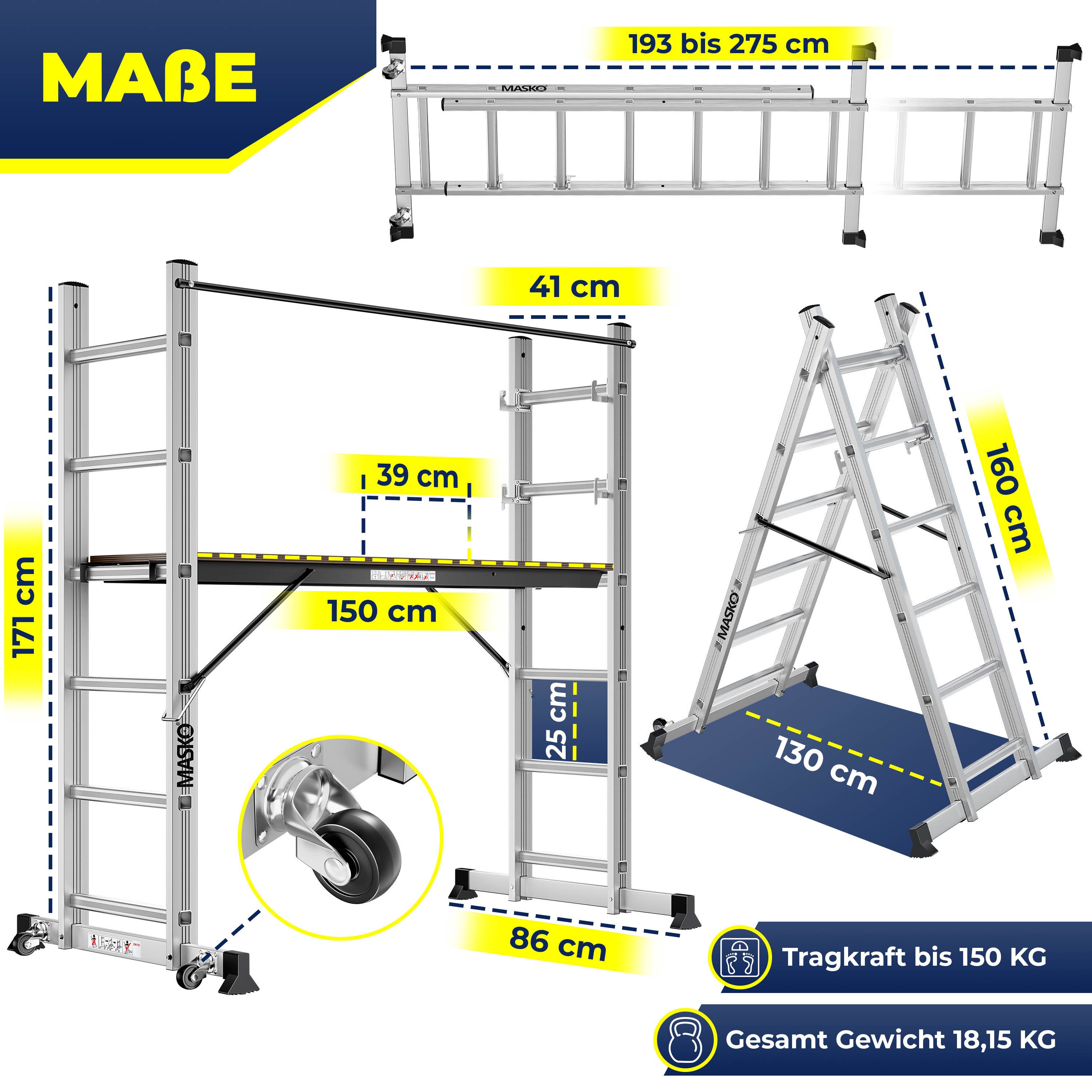 MASKO Arbeitsgerüst Baugerüst mit Arbeitsbühne 4in1 Mehrzweckleiter, bis 150kg belastbar, als Anlegeleiter, Bockeiter, Treppenleiter & Gerüstleiter nutzbar
