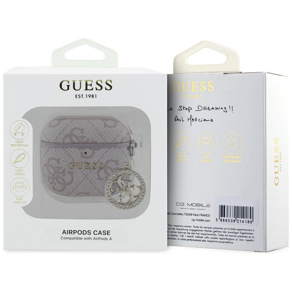 Guess Kopfhörer-Schutzhülle Case AirPods 4 Kunstleder rosa Logo Metal Kette Strass goldfarbig, Kantenschutz