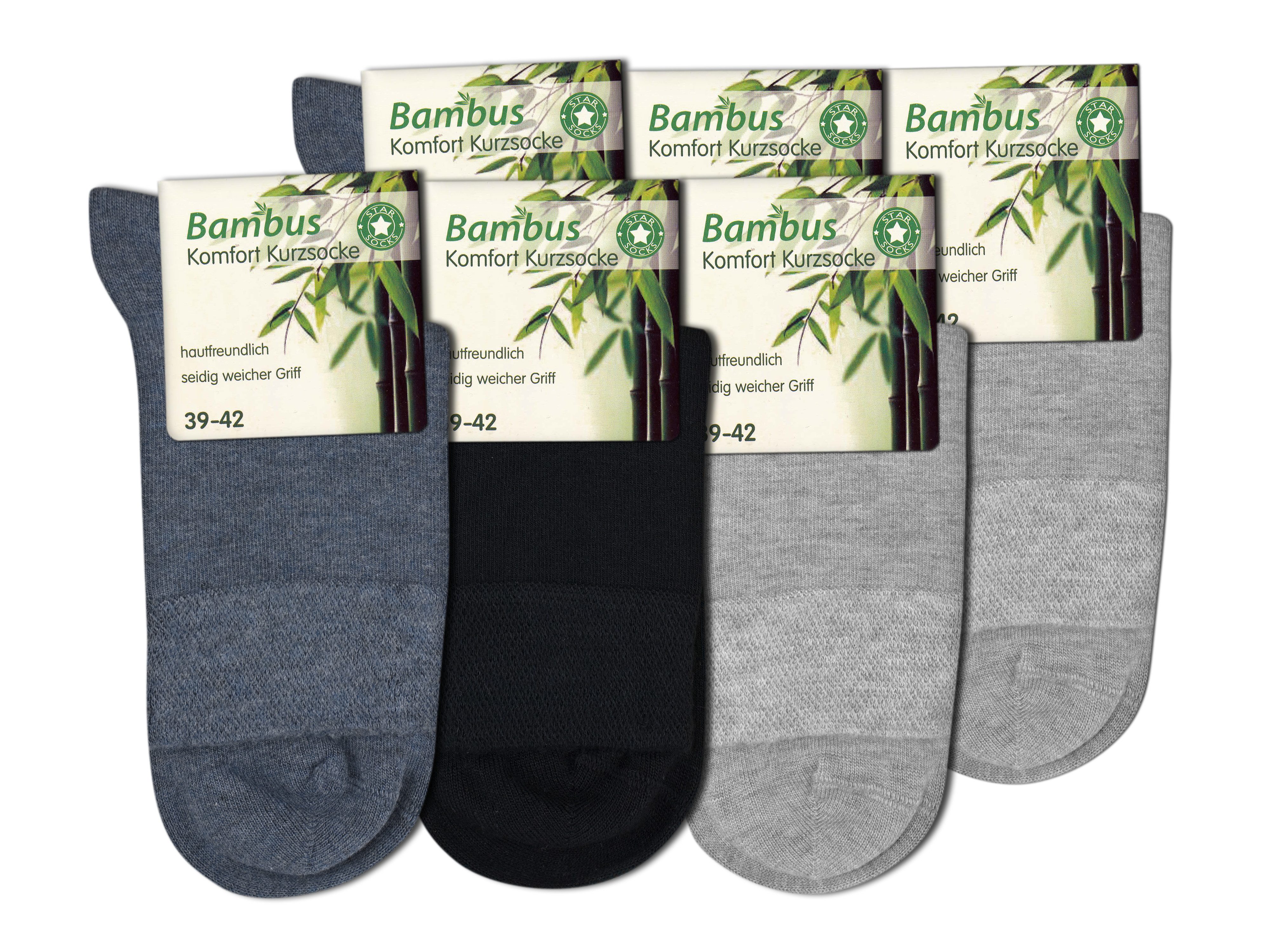 Die Sockenbude Kurzsocken BAMBUS (Bund, 6-Paar, grau, blau, schwarz) mit weichem Komfortbund ohne Gummi