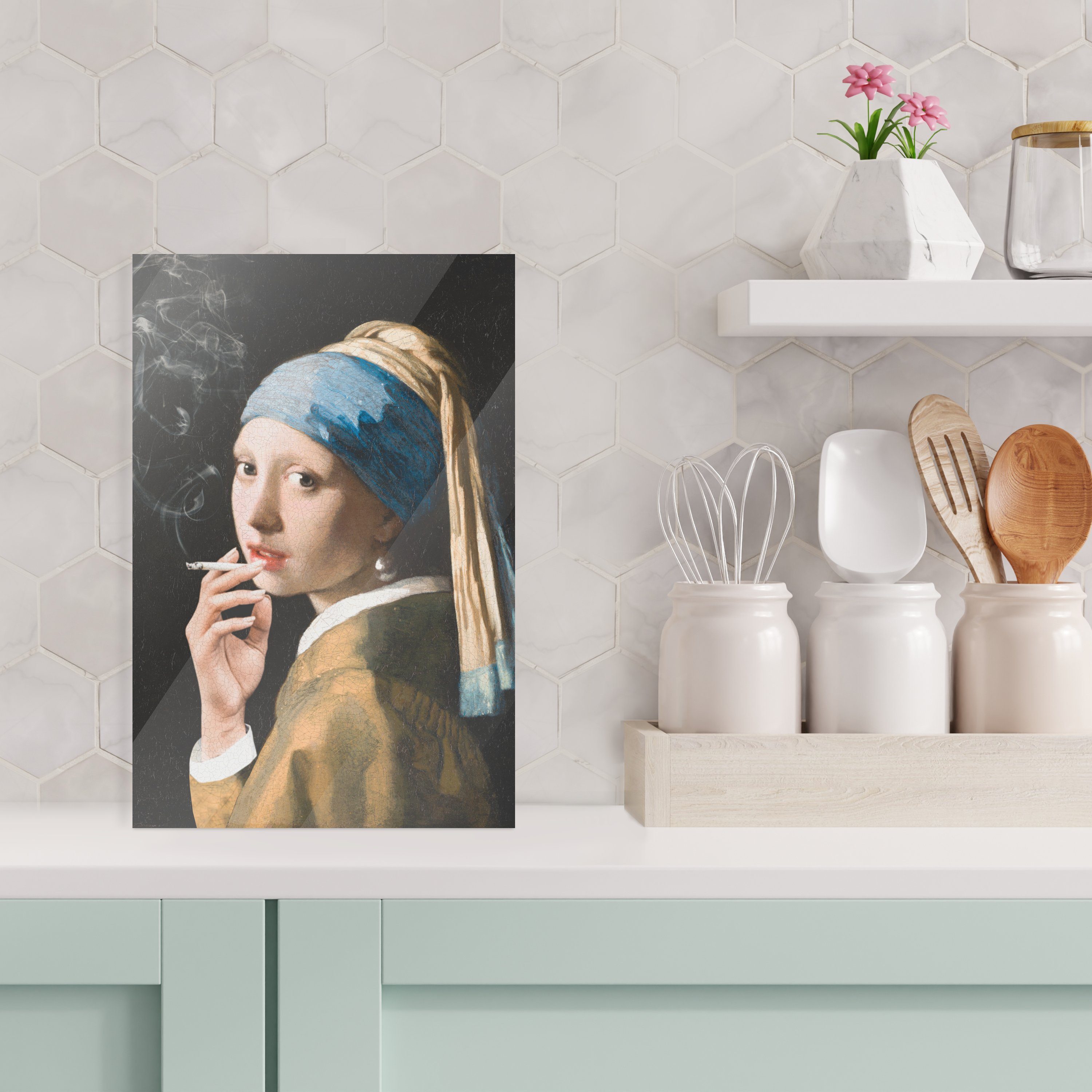 Bilder auf Acrylglasbild Johannes - - Glasbilder Foto Glas Zigaretten, Mädchen Vermeer MuchoWow (1 Wandbild - Perlenohrring - St), bunt auf mit - Glas Wanddekoration