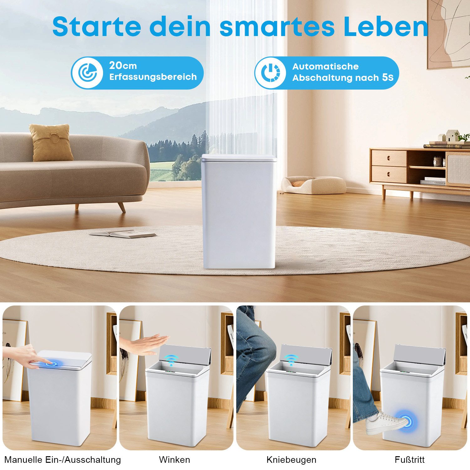 CkeyiN Pro Mülleimer 17L Intelligenter Sensor,Küchenmülleimer mit sanft schließendem Deckel, Automatischer/Manueller Start,24x18x35,5 cm,für Küche/Schlafzimmer