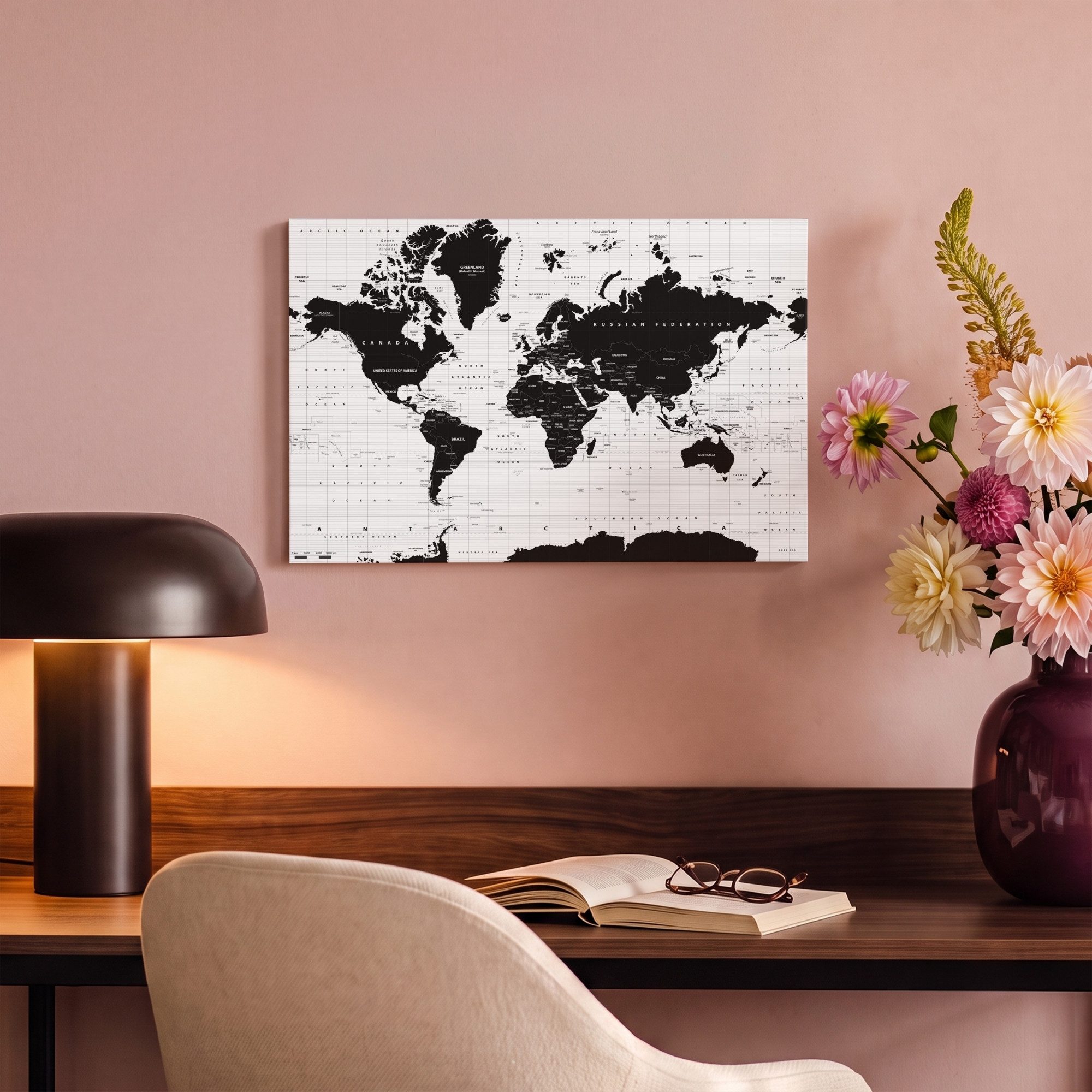 OneMillionCanvasses® Leinwandbild Weltkarte - Schwarz - Weiß - Atlas - Erde - Bildung, Fotodruck (1 St), Leinwand Bilder Klein, Wand Dekoration Aesthetic 30x20  – Bild 4 von 5