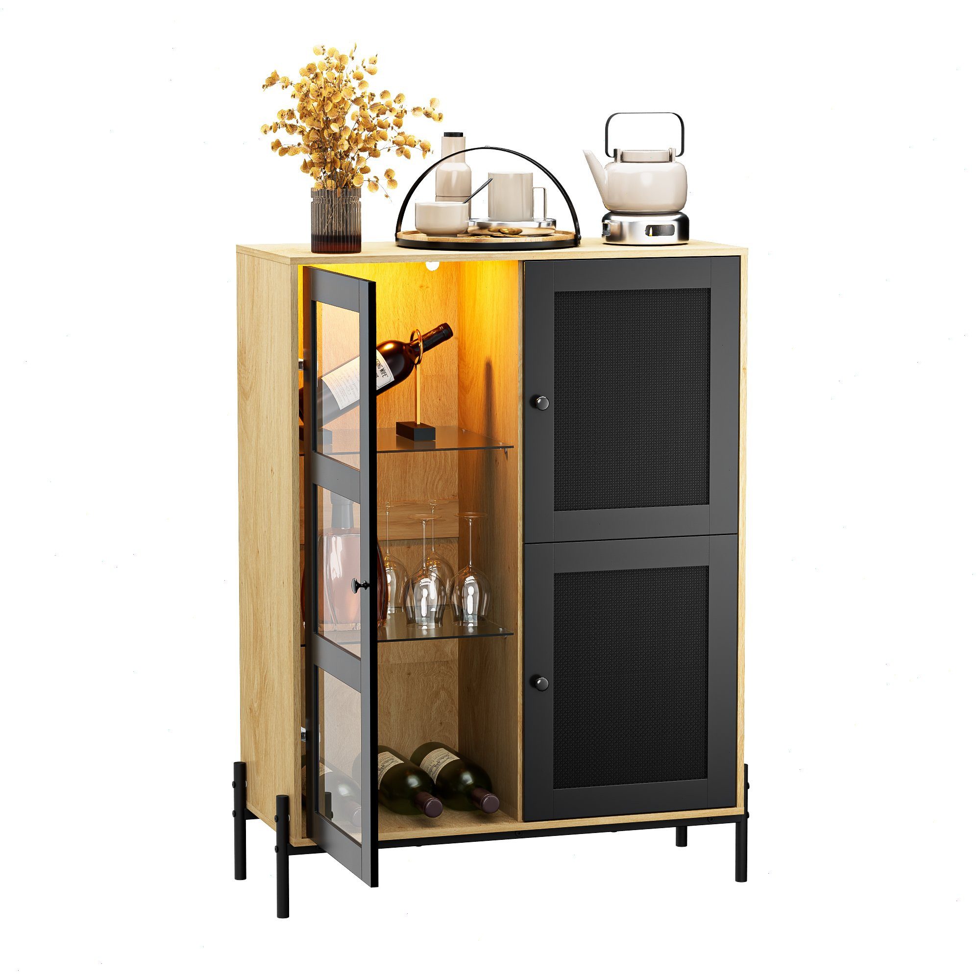 UEV Weinschrank Kaffeeschrank mit Tassenhalter, Küchenschrank, Kommode mit 3 Türen (Rattan-Design,Einstellbare LED-Leuchte,Anti-Kipp System) Herausnehmbare Einlegeböden, Weinglashalter, Glasregale