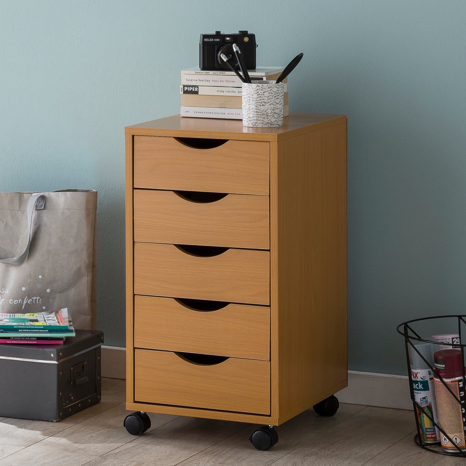 KADIMA DESIGN Rollcontainer Rollcontainer 33x64x38cm Buche MDF-Holz, Bürocontainer, (Moderner Schubladencontainer mit Rollen, Standcontainer), Schreibtisch-Container Rollschrank 5 Schubladen, Beistellcontainer