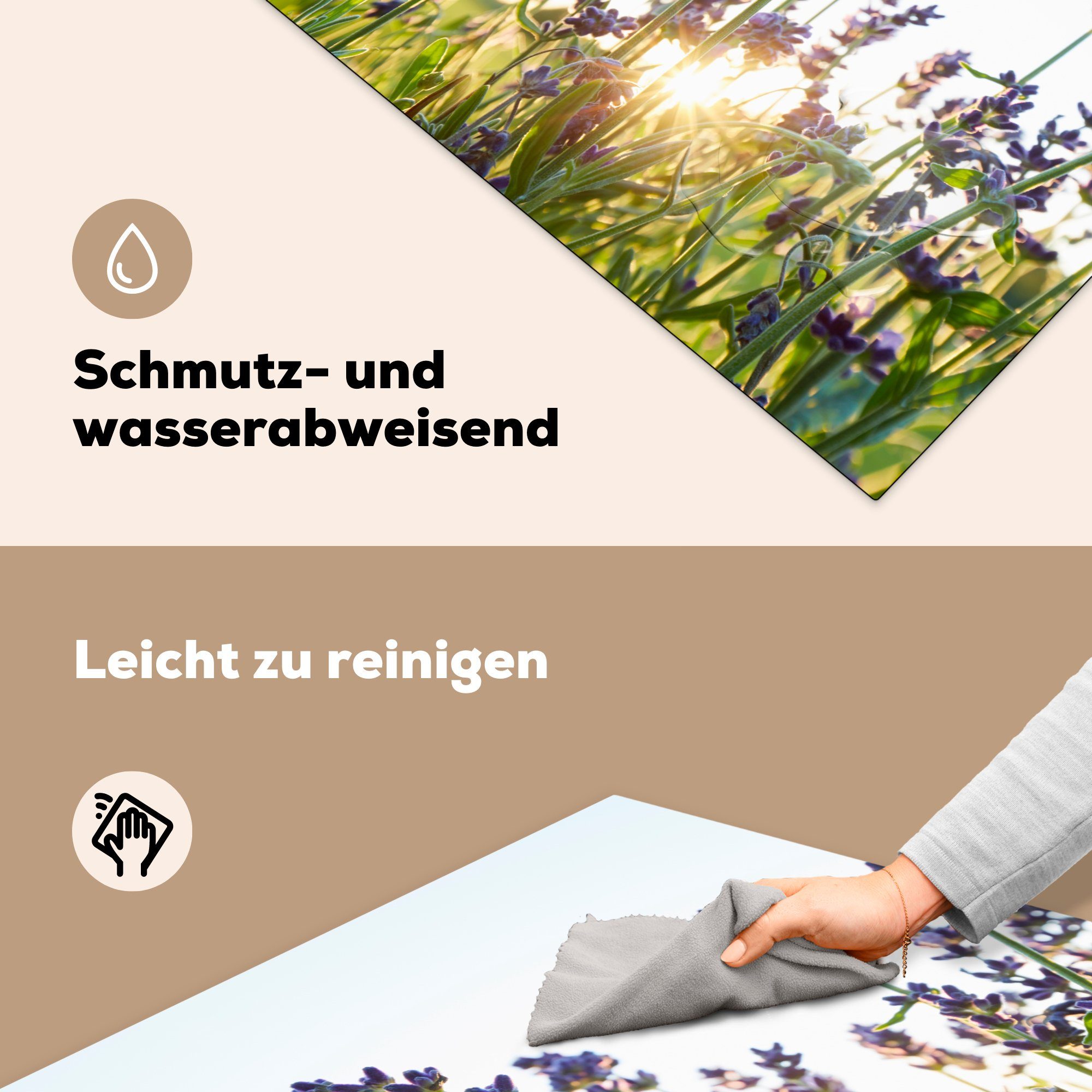 Herdblende-/Abdeckplatte tlg), (1 cm, Vinyl, Lavendel bei von Sonnenuntergang, küche Nahaufnahme MuchoWow Arbeitsplatte 78x78 für Ceranfeldabdeckung,