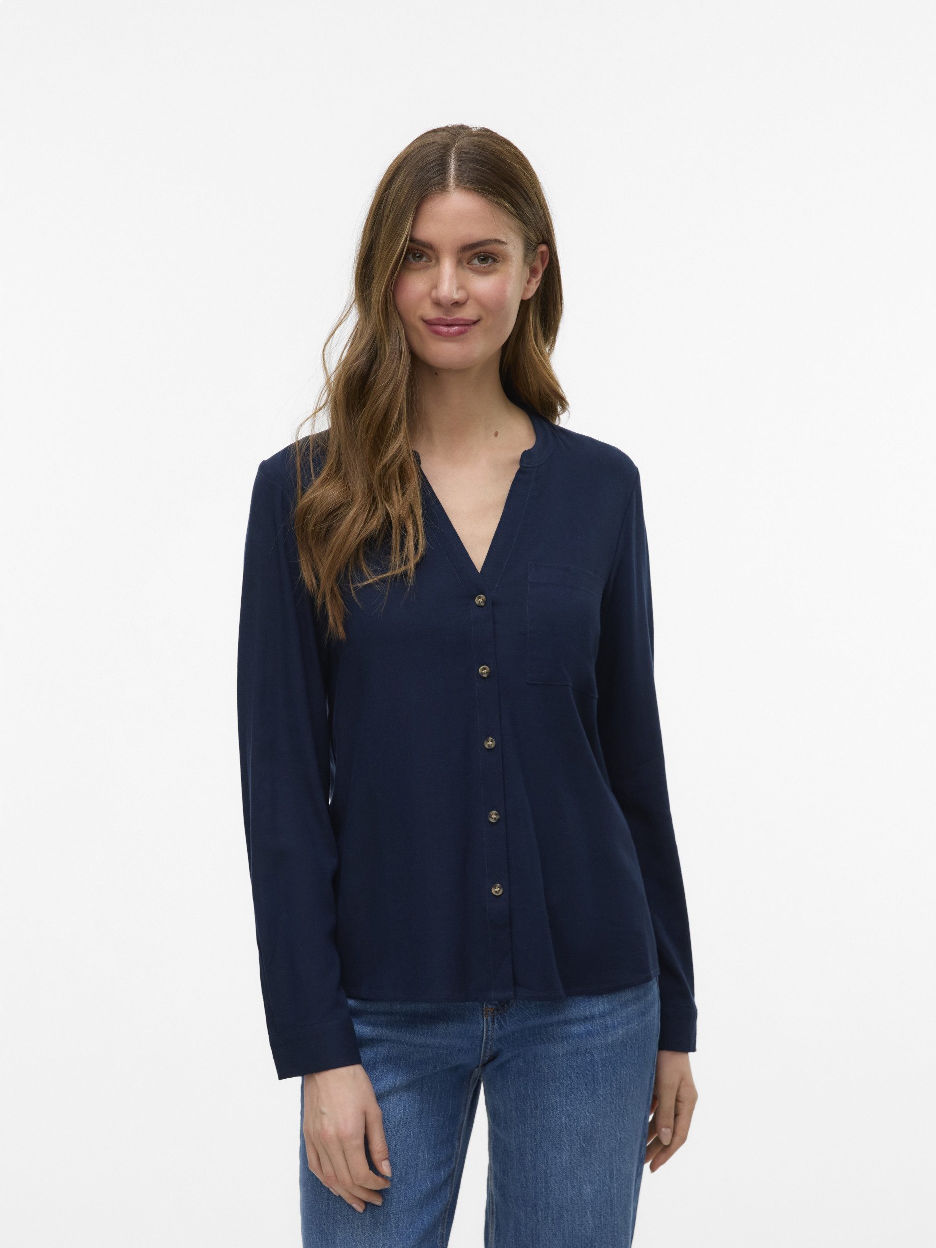 Vero Moda Langarmbluse VMMYMILO L/S V-NECK SHIRT WVN GA Navy Blazer